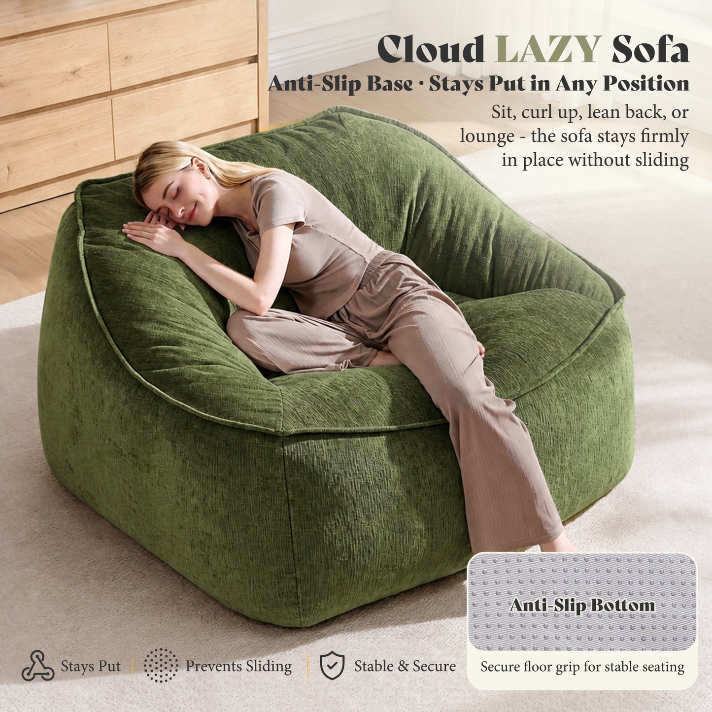 Amerlife Oversized Bean Bag Lounge Chair-Green Chenille