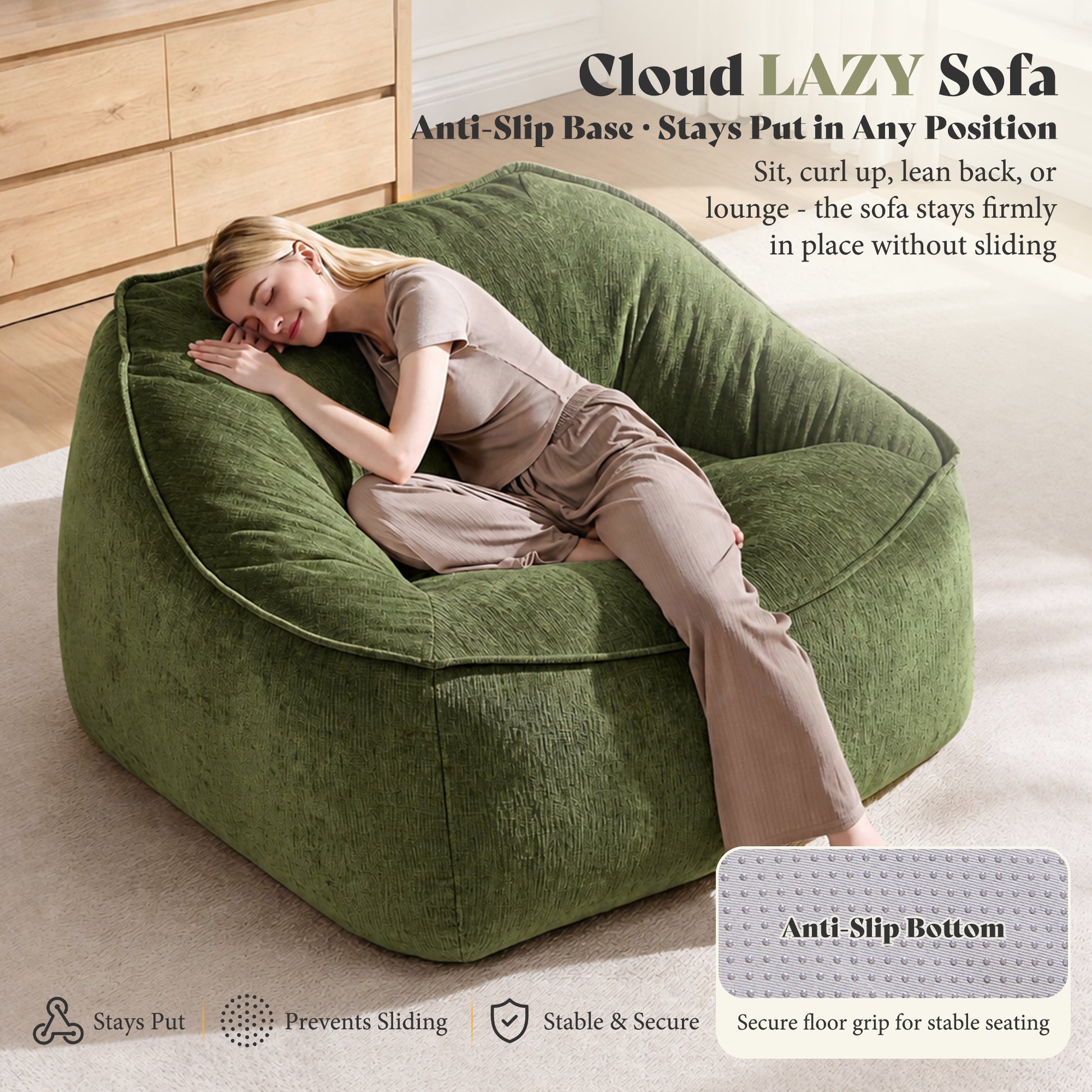 Amerlife Oversized Bean Bag Lounge Chair-Green Chenille