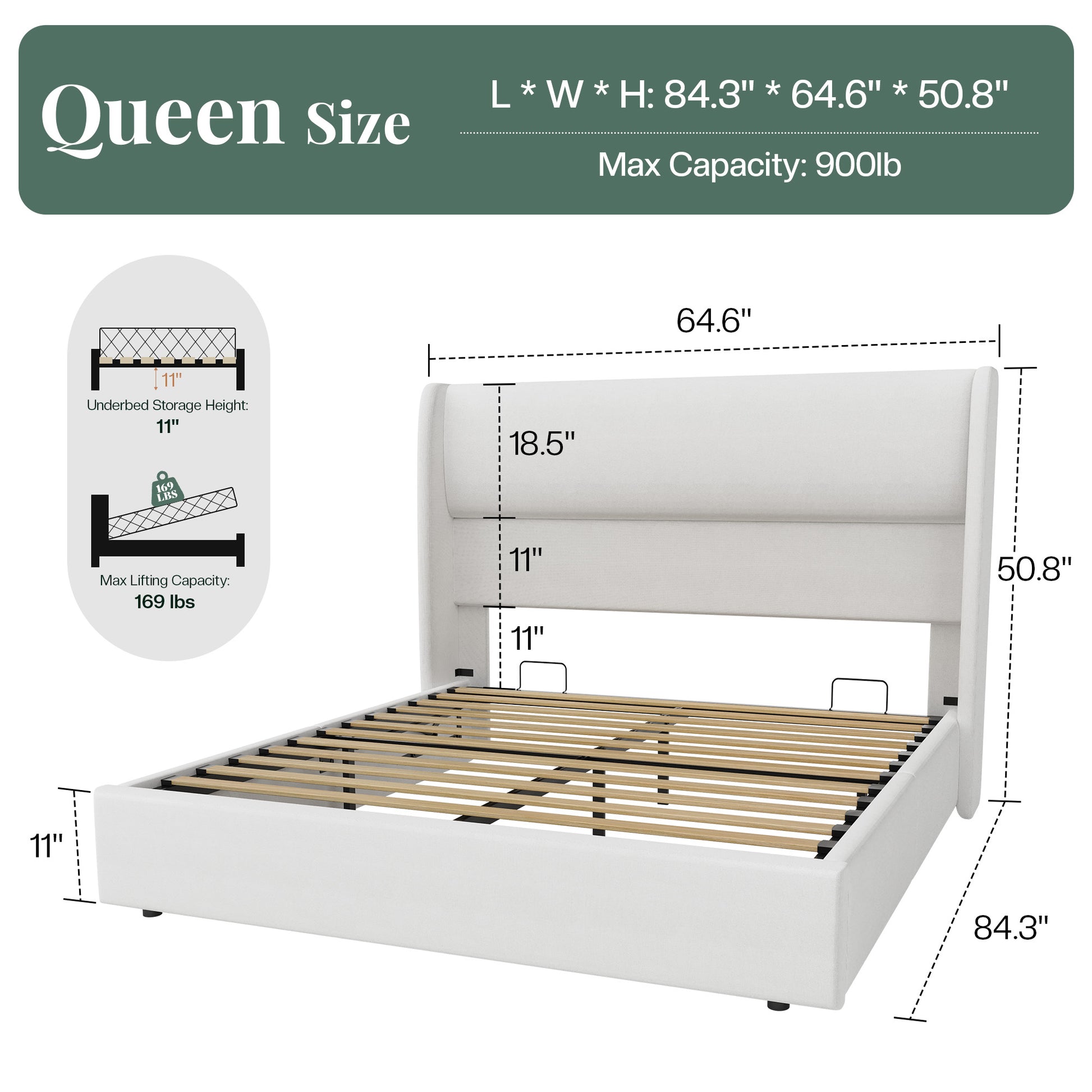 Haven Upholstered Hydraulic Storage Bed Frame-Queen-White