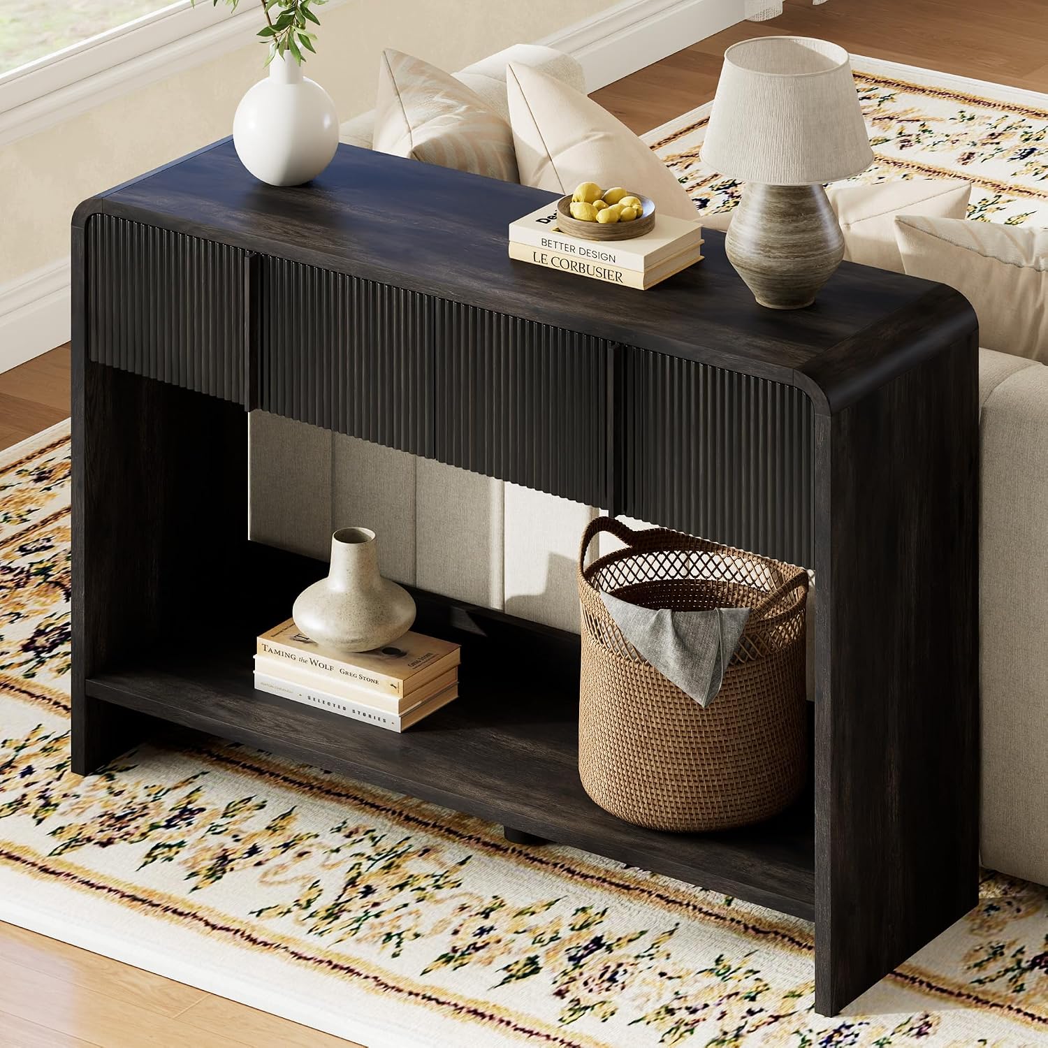 Curvia Wooden Console Table Amerlife Fluted Panel / 45" / Black
