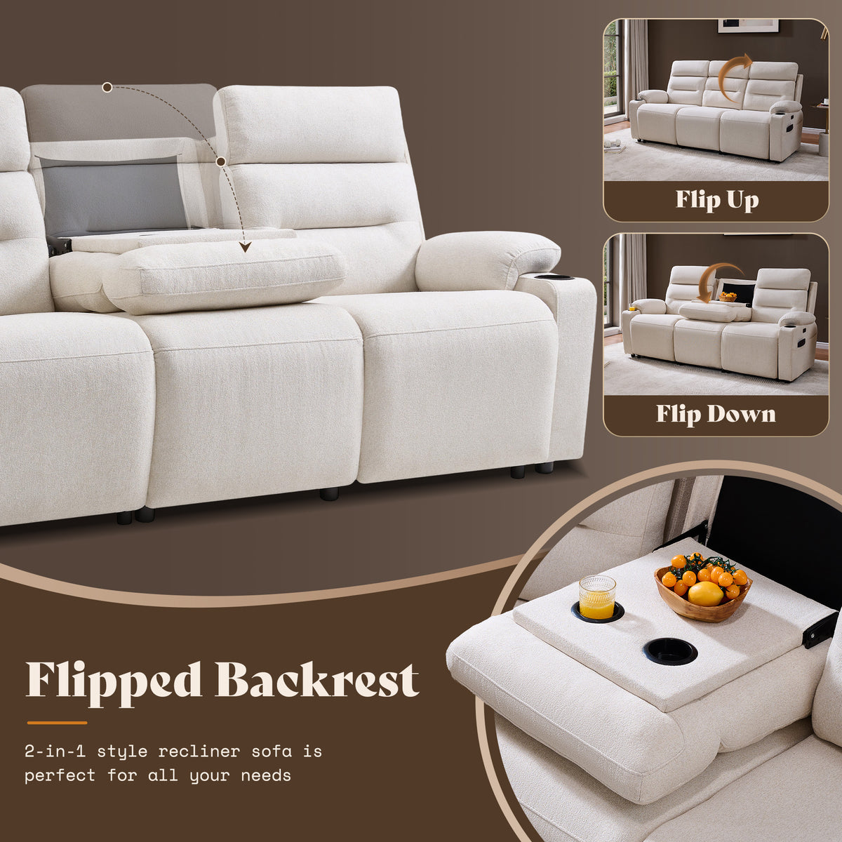 L-Shaped Power Reclining Sectional Sofa with Console-3-Seat with Flip Console-Beige