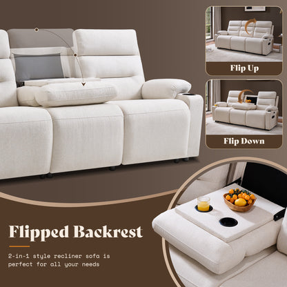 L-Shaped Power Reclining Sectional Sofa with Console-3-Seat with Flip Console-Beige