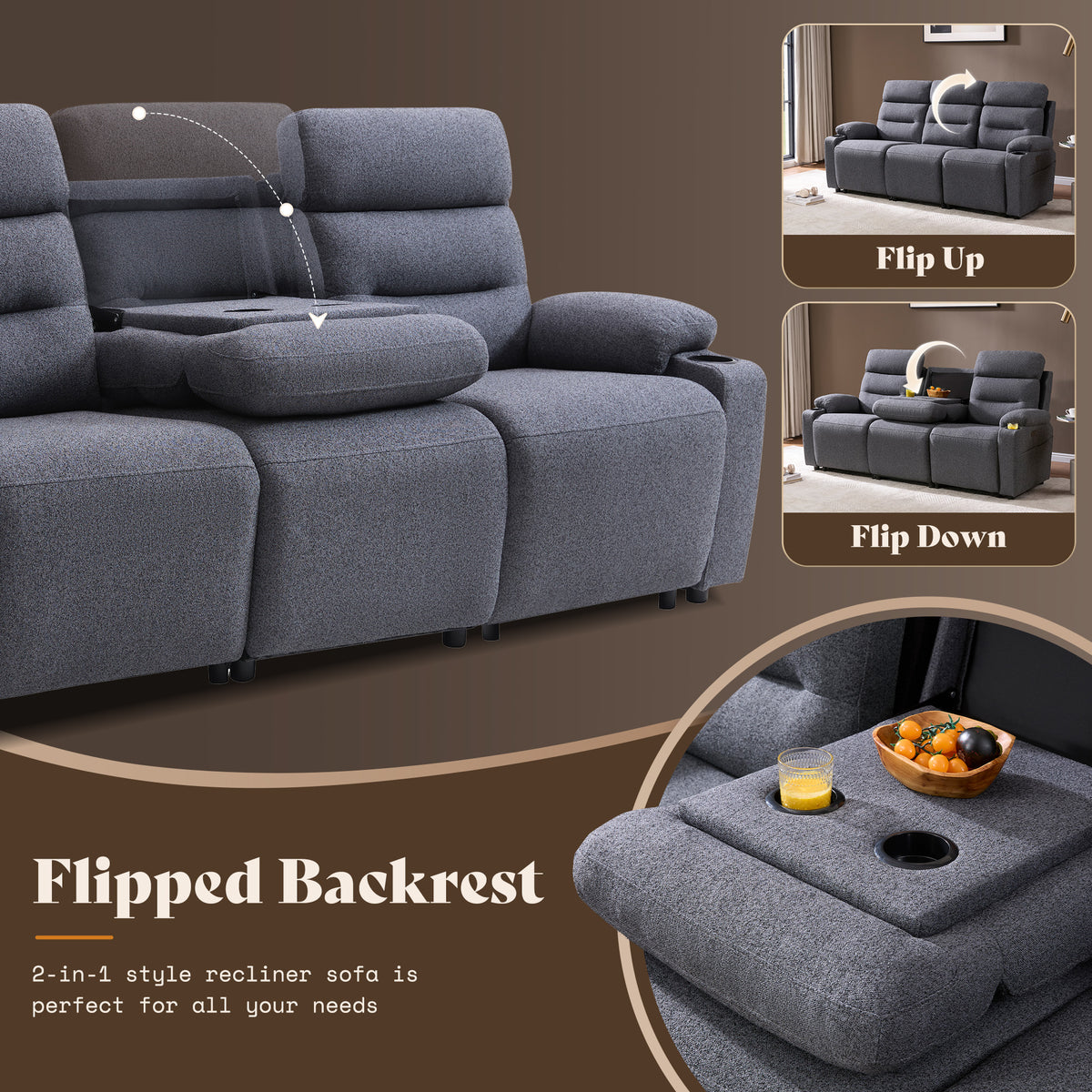 L-Shaped Power Reclining Sectional Sofa with Console-3-Seat with Flip Console-Dark Grey