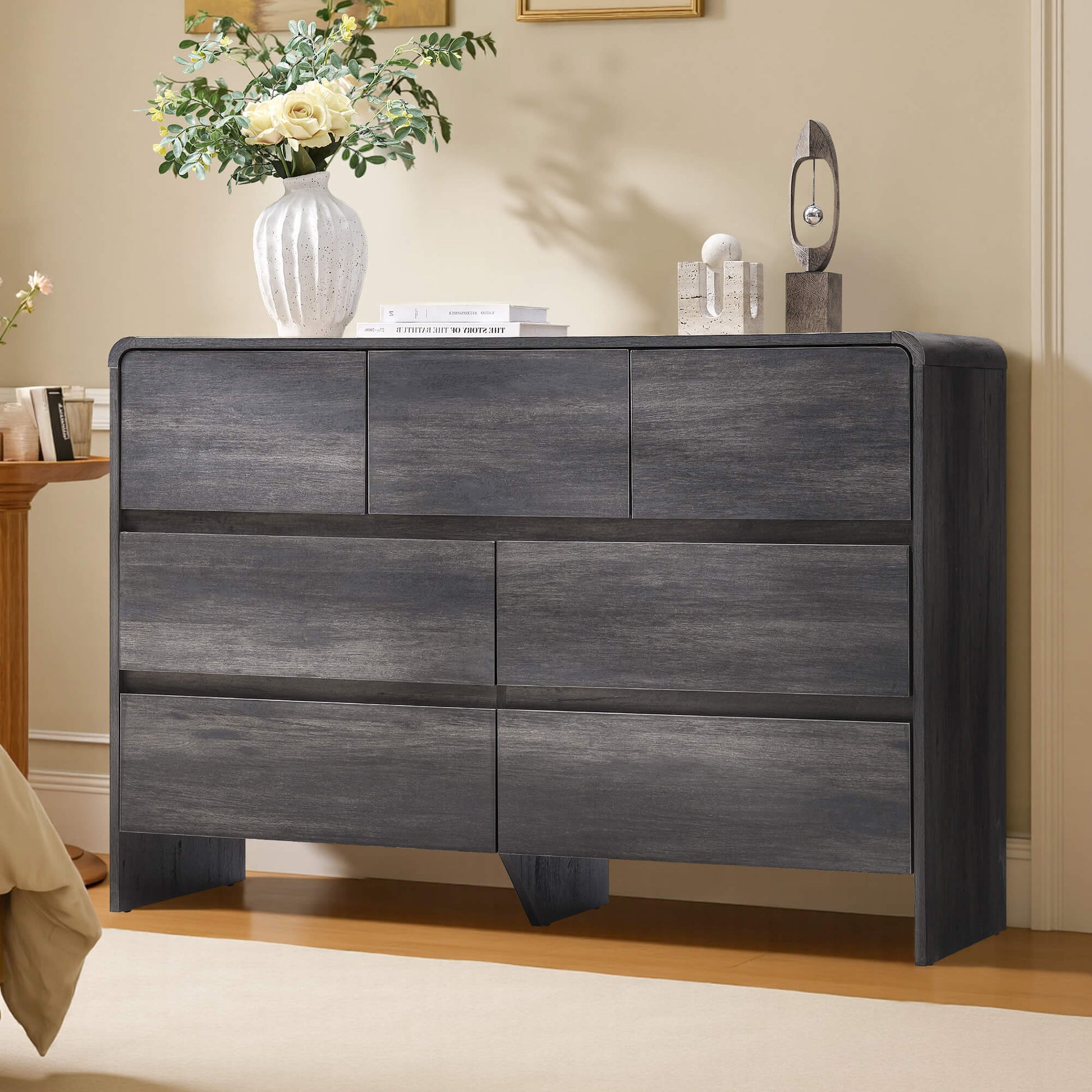 dark grey dresser Amerlife Garyon Modern 7-Drawer Storage Dresser with Rounded Corners, Anti-Tip Kit Black