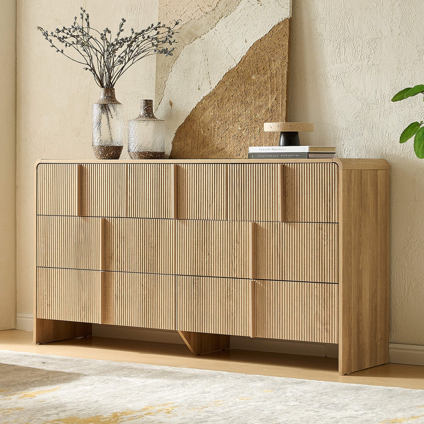 Garyon Fluted 7-Drawer Wide Dresser - Natural Oak