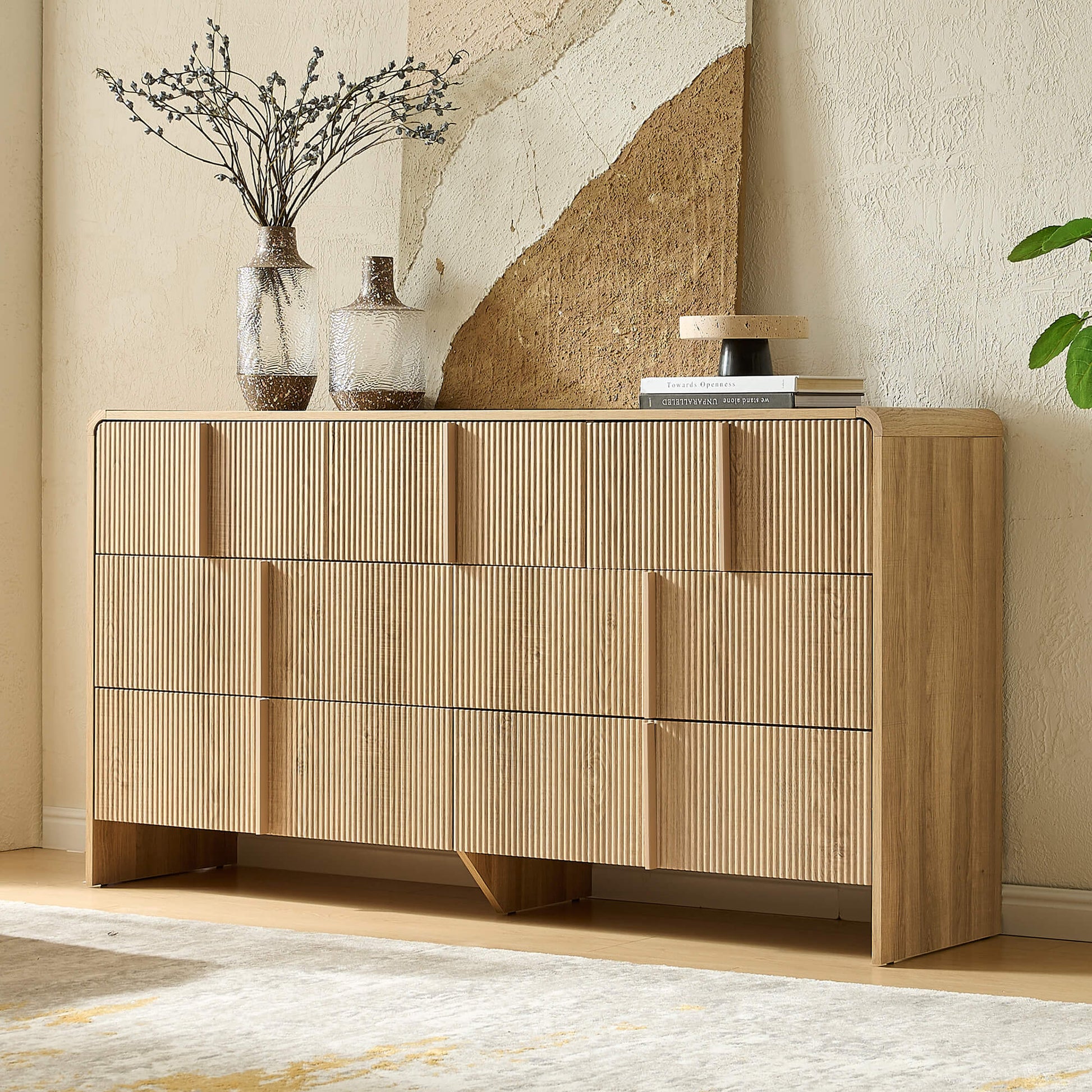 Garyon Fluted 7-Drawer Wide Dresser - Natural Oak