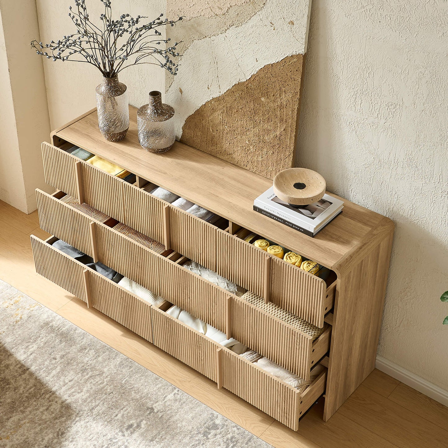 Garyon Fluted 7-Drawer Wide Dresser - Natural Oak