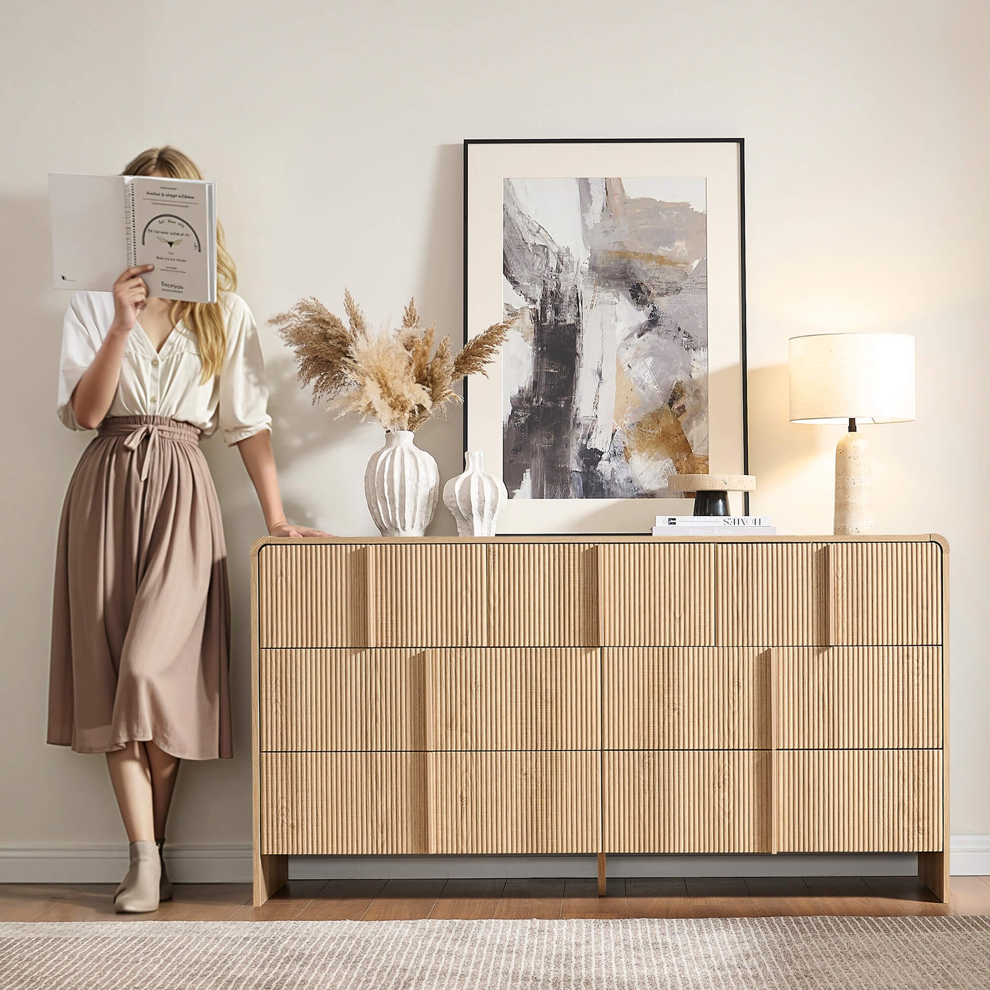 Garyon Fluted 7-Drawer Wide Dresser - Natural Oak