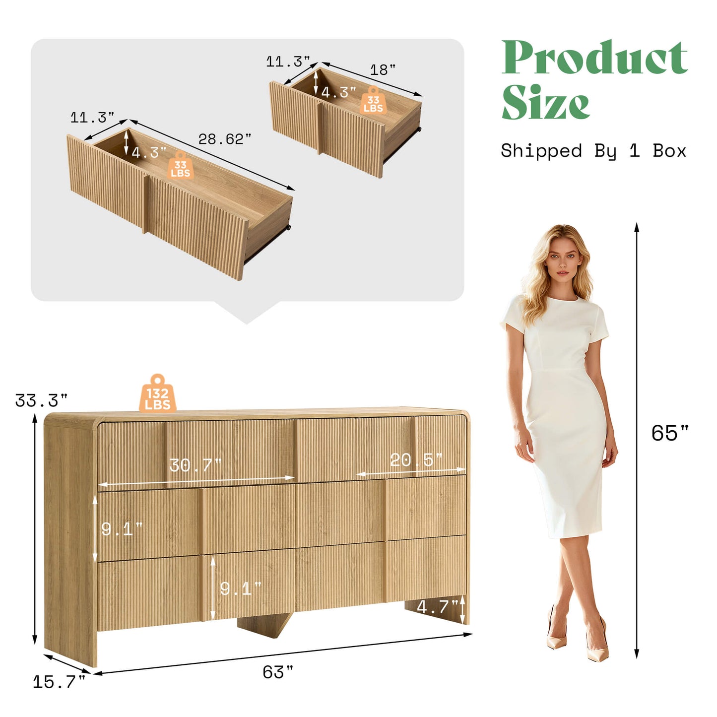 Garyon Fluted 7-Drawer Wide Dresser - Natural Oak