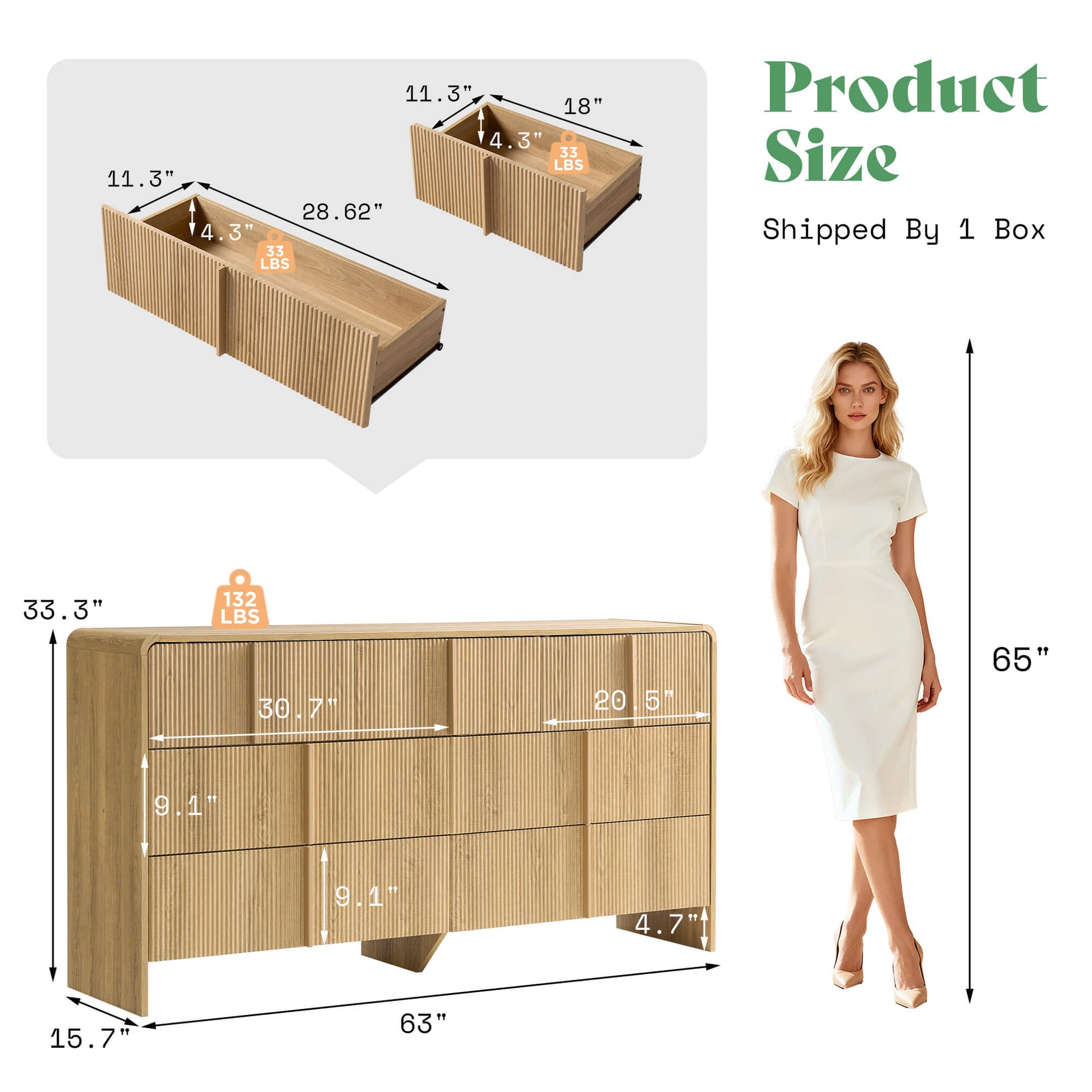 Garyon Fluted 7-Drawer Wide Dresser - Natural Oak