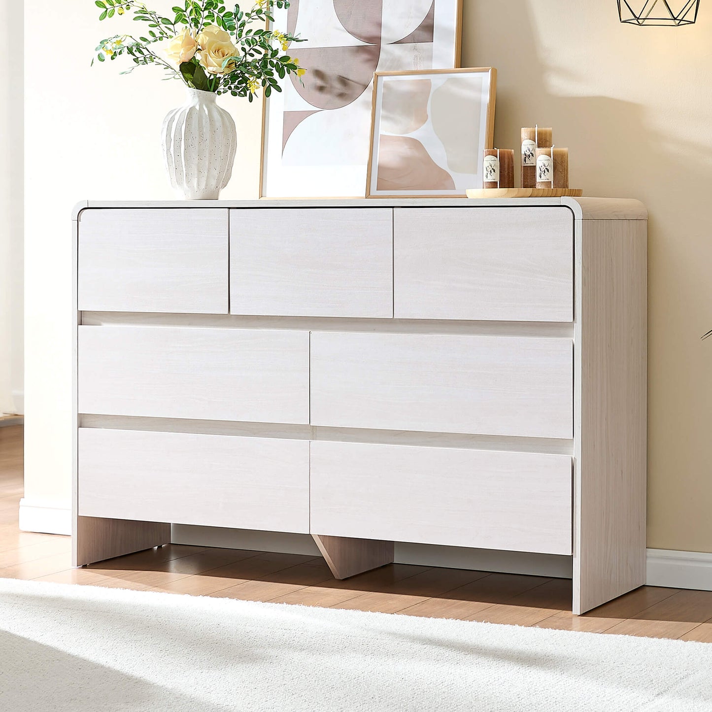 Amerlife Garyon Modern 7-Drawer Storage Dresser with Rounded Corners, Anti-Tip Kit White