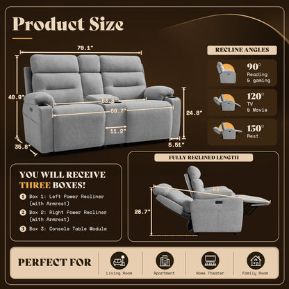L-Shaped Power Reclining Sectional Sofa with Console-Loveseat with Console-Light Grey