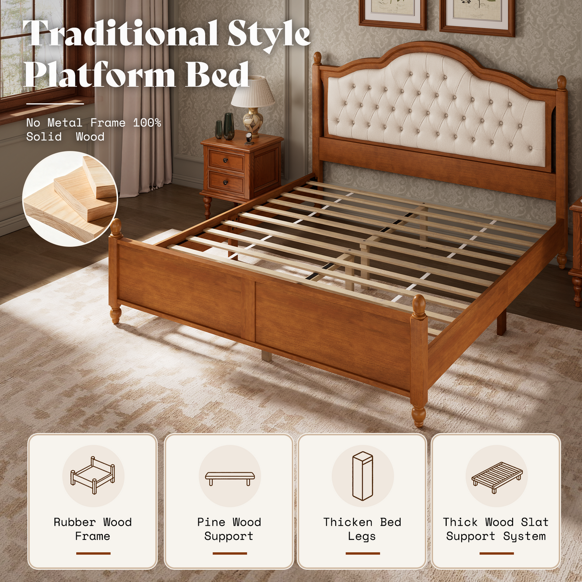 Astor Solid Wood Bed Frame with Upholstered Headboard
