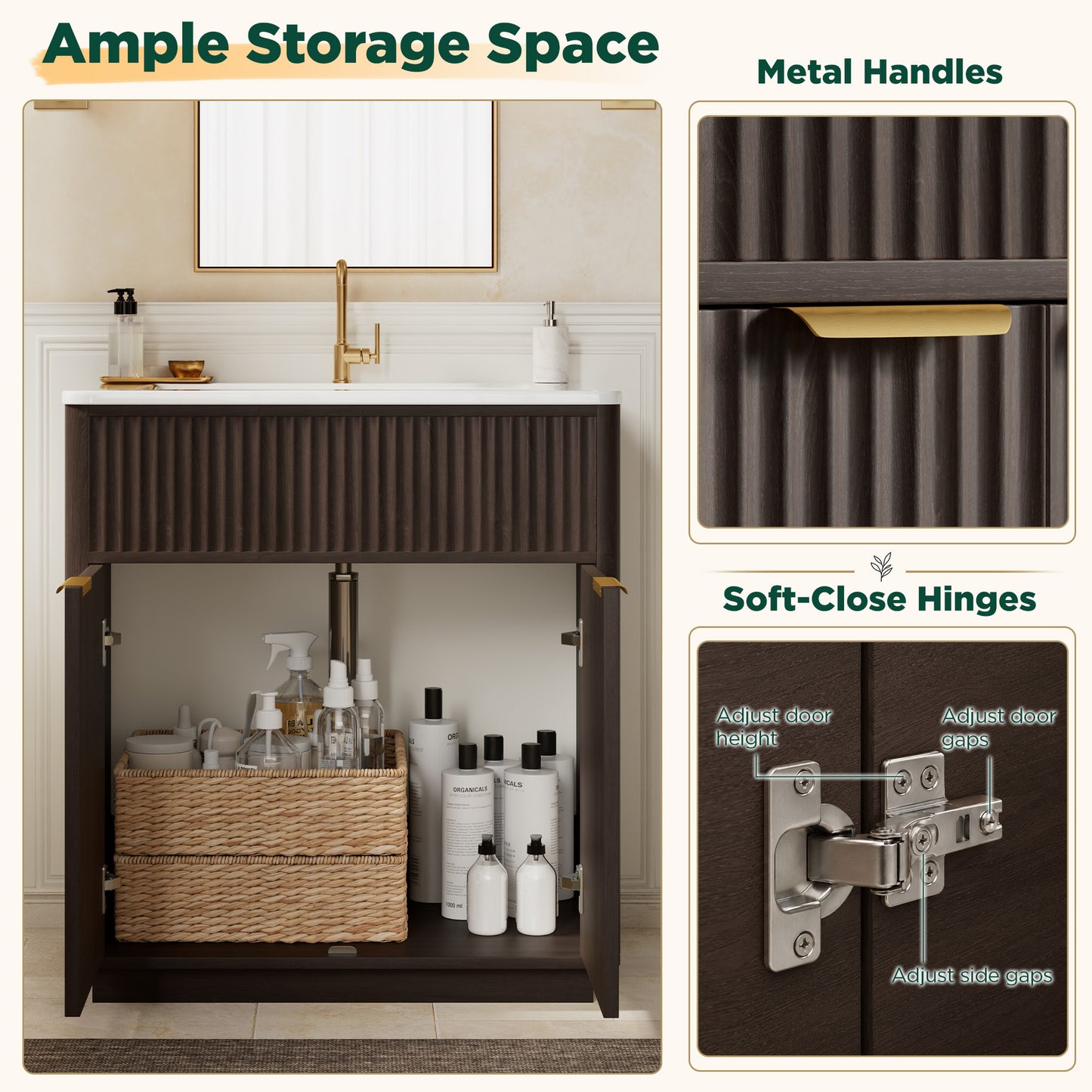Modern Fluted Bathroom Vanity Collection - 30‘’-brown