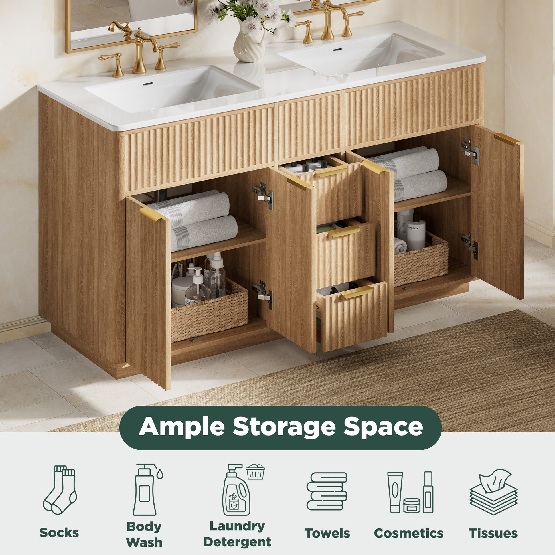 Modern Fluted Bathroom Vanity Collection - 60‘’-oak