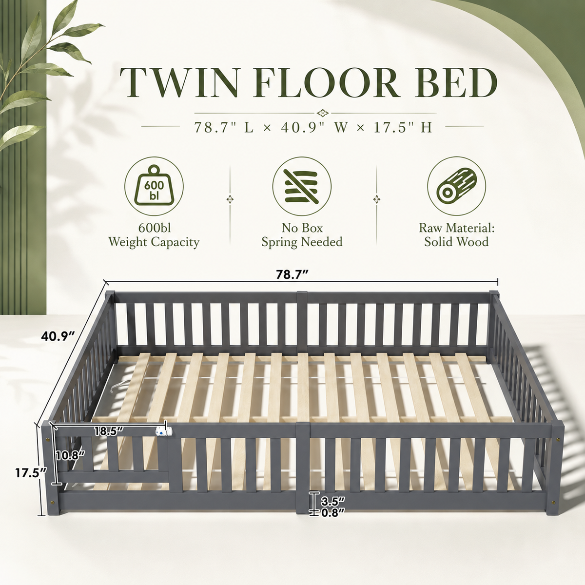 Solid Wood Toddler Floor Bed with Safety Rails