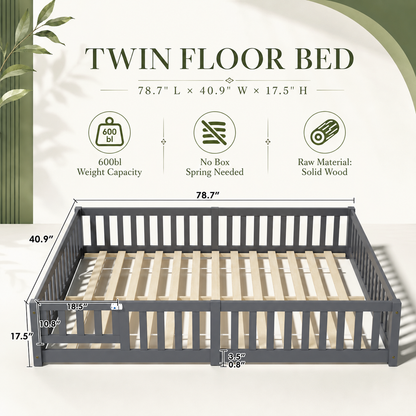 Solid Wood Toddler Floor Bed with Safety Rails