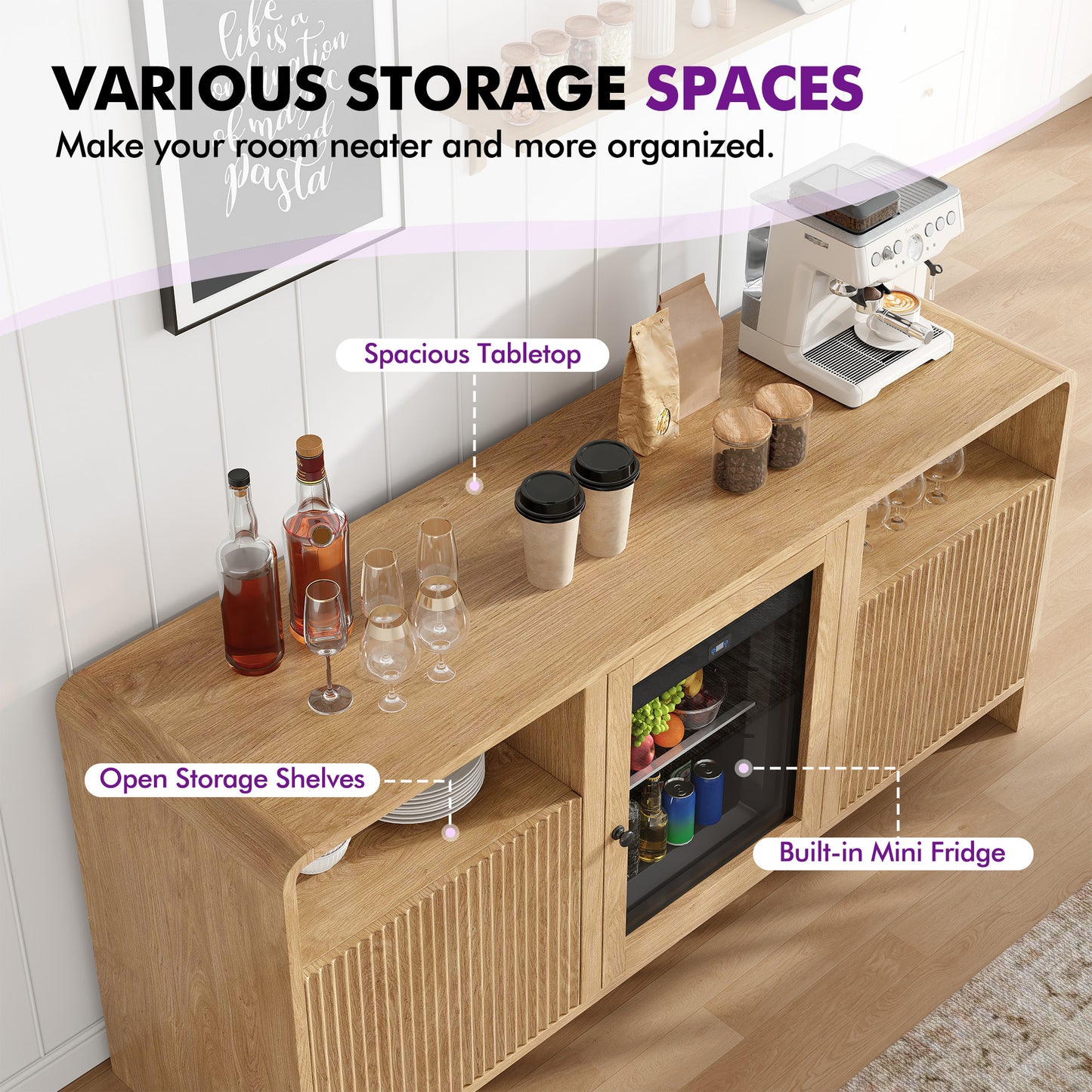 Mold Bar Cabinet with Built-In Fridge  - Natural Wood
