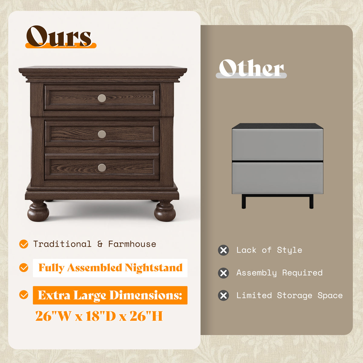 Bobbin Dark Solid Wood Nightstands Set-Dark Walnut-2-Piece Set