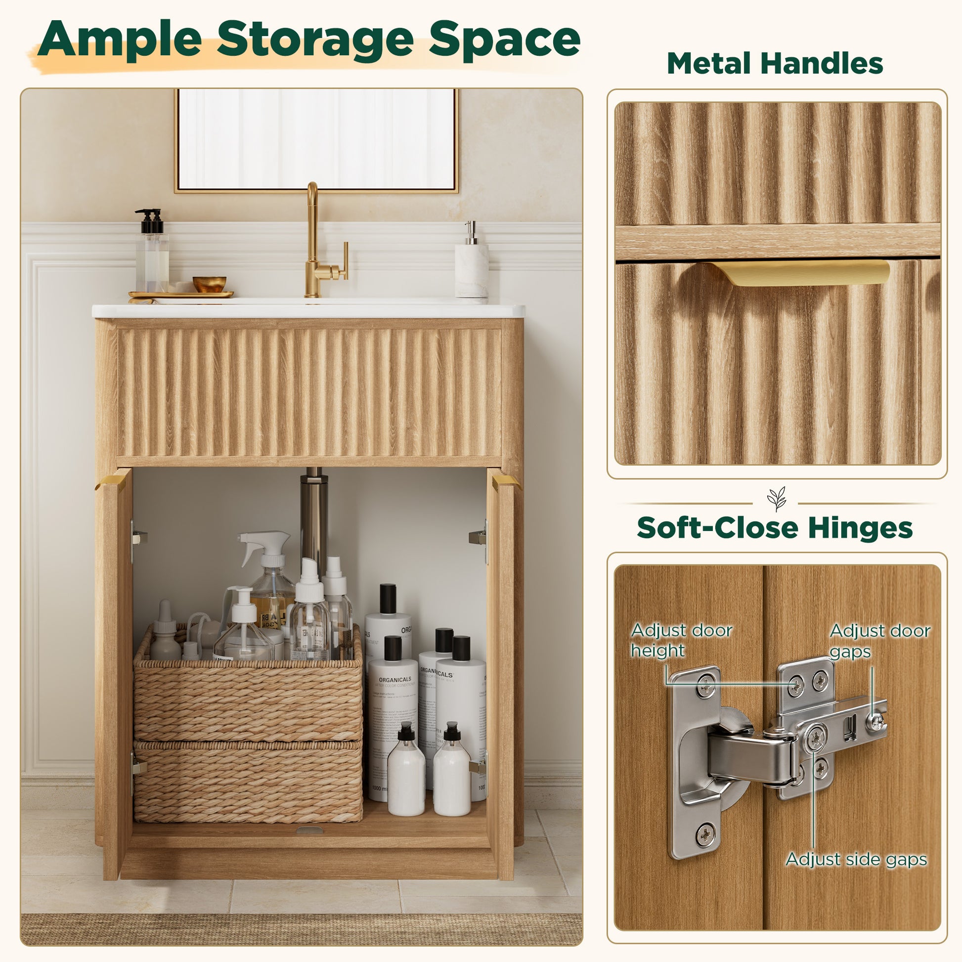 Modern Fluted Bathroom Vanity Collection -24‘’-oak