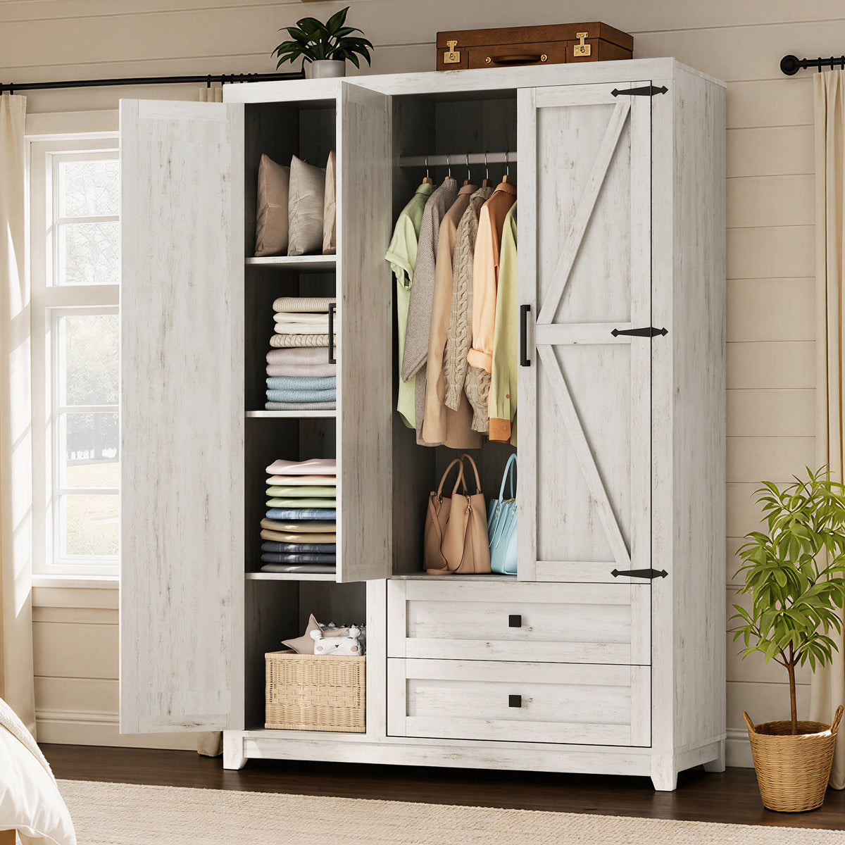 Barn 3 Door Farmhouse Wardrobe Closet-Distressed White