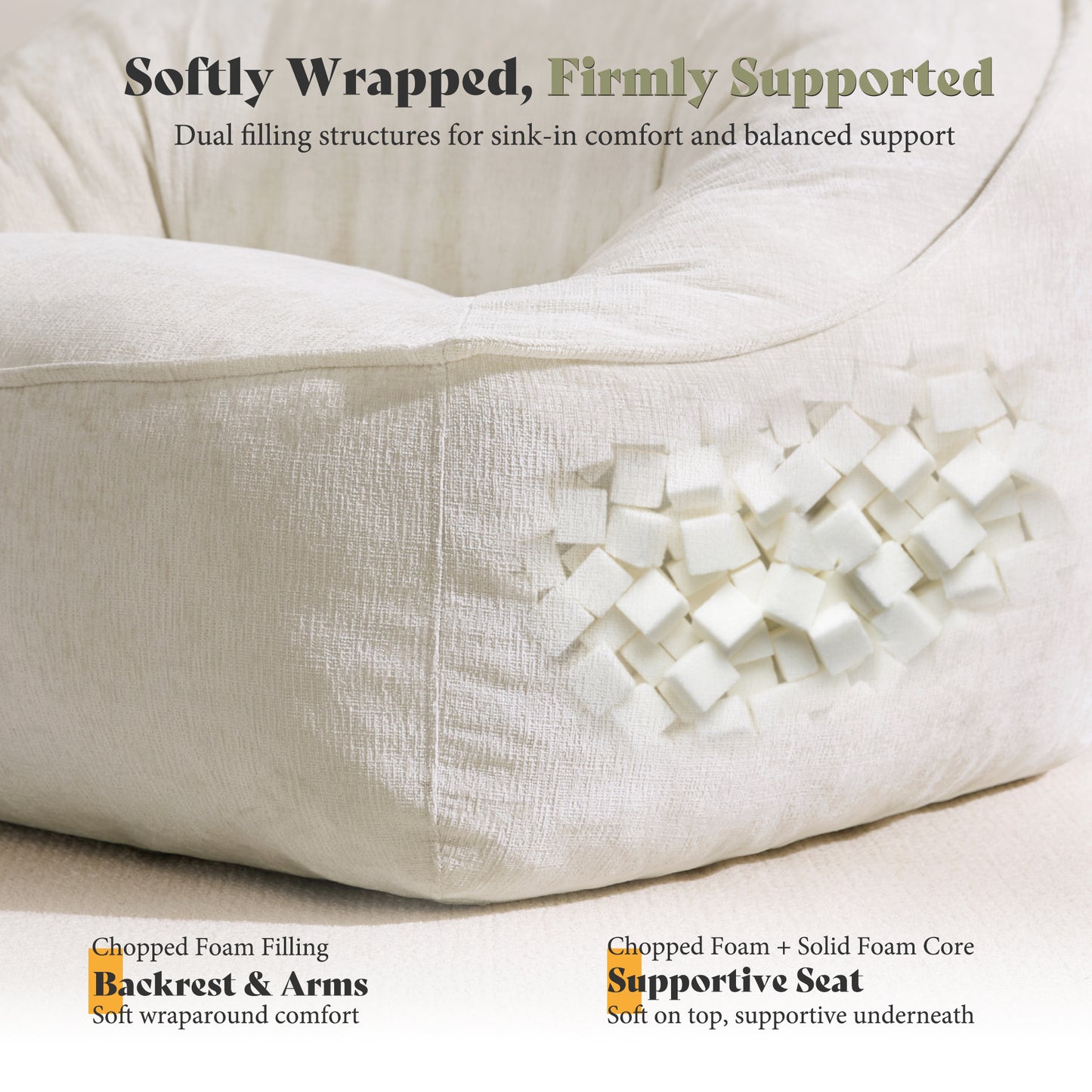 Amerlife Oversized Bean Bag Lounge Chair-Cream Chenille