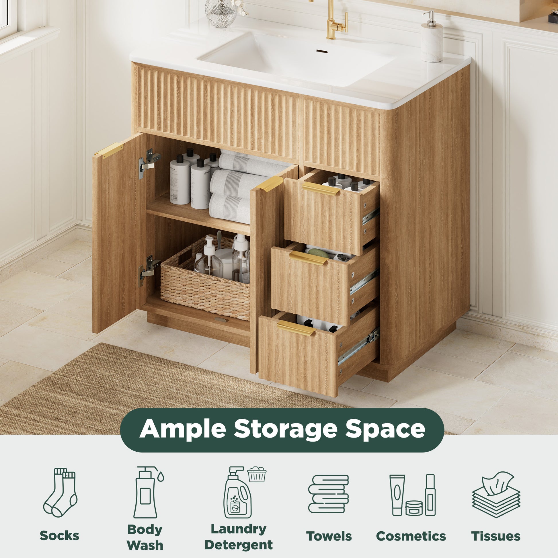 Modern Fluted Bathroom Vanity Collection - 36‘’-oak