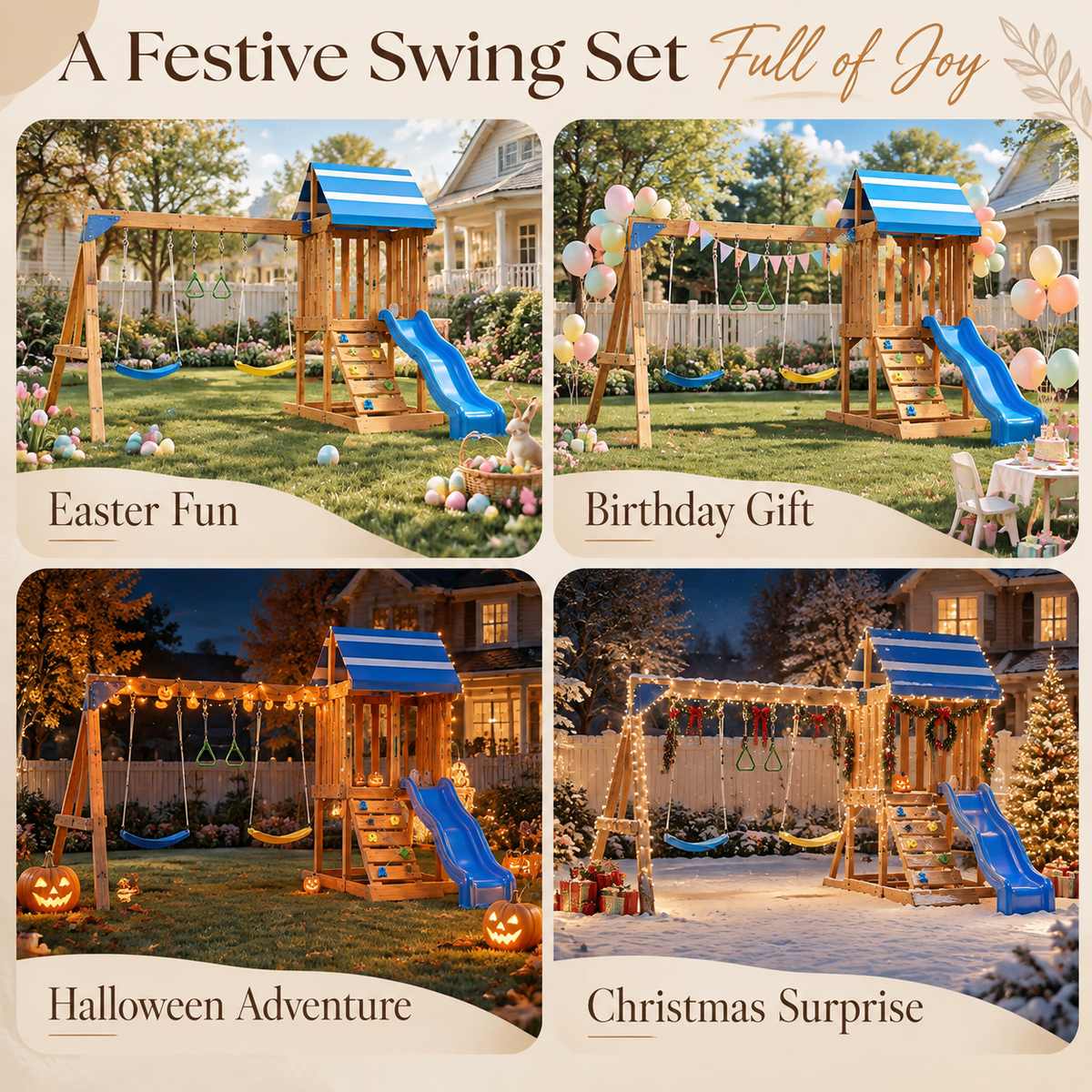Evertrail Wooden Swing Set with Slide and Climbing Wall-Natural Oak