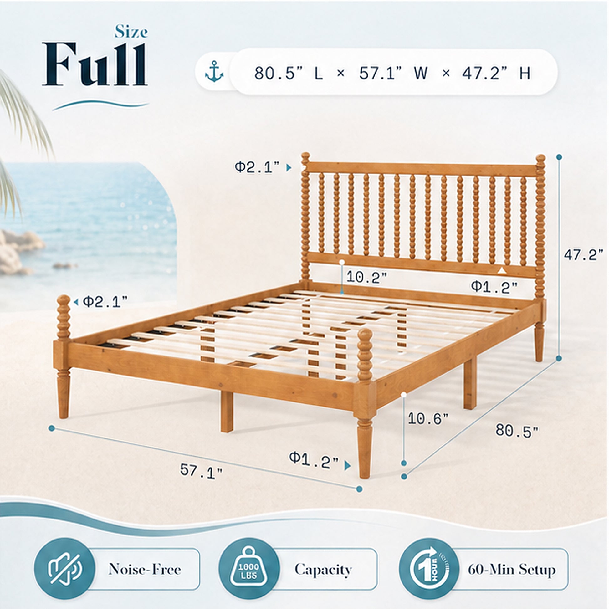 Classic Bobbin Solid Wood Bed Frame-Full-Brown Walnut