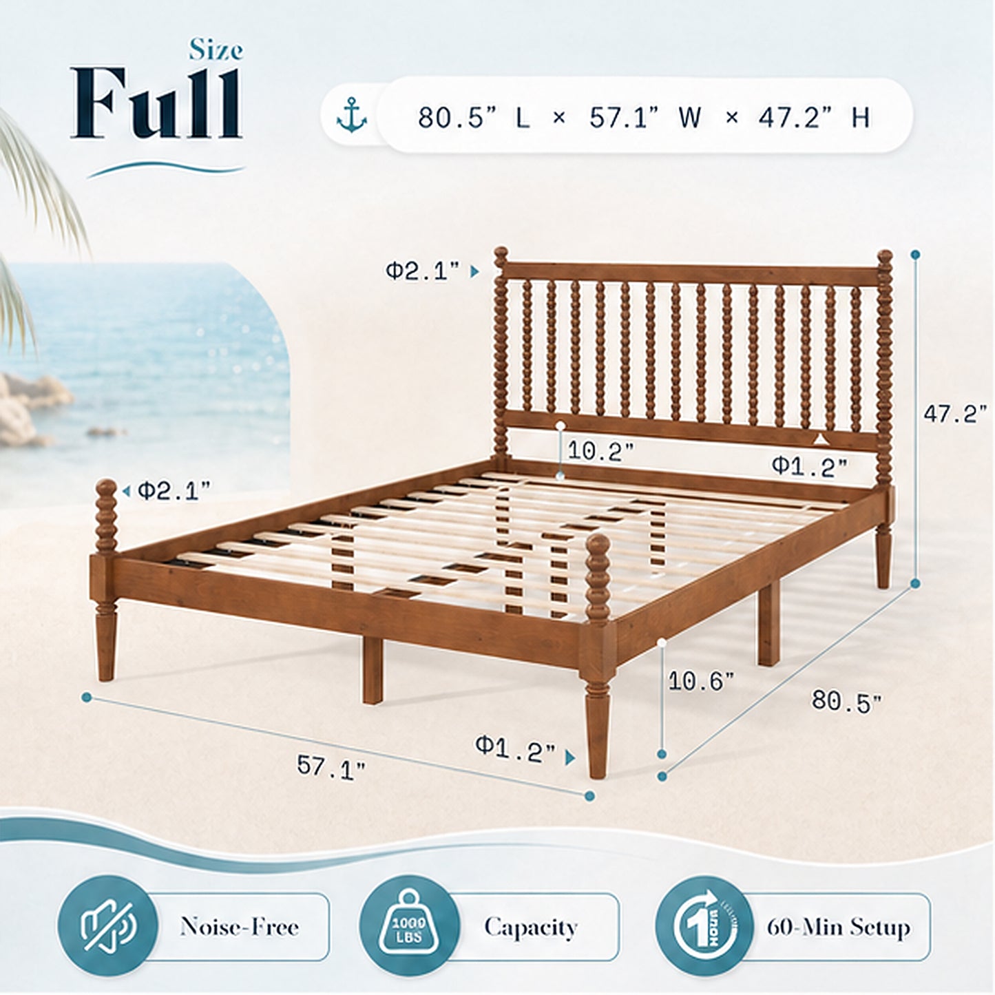 Classic Bobbin Solid Wood Bed Frame-Full-Dark Walnut