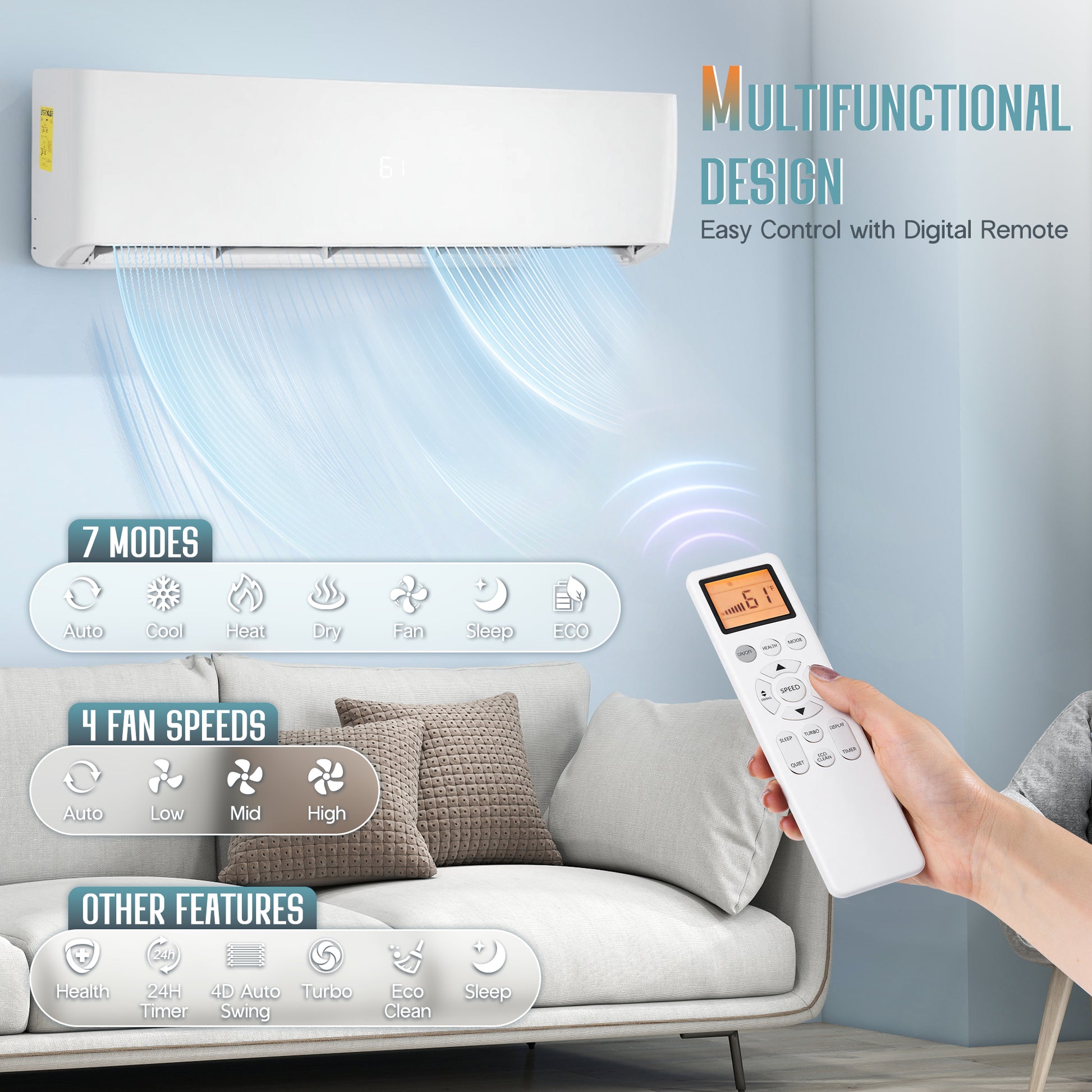 Whisper Ductless Mini Split AC and Heating System-36000BTU-220V