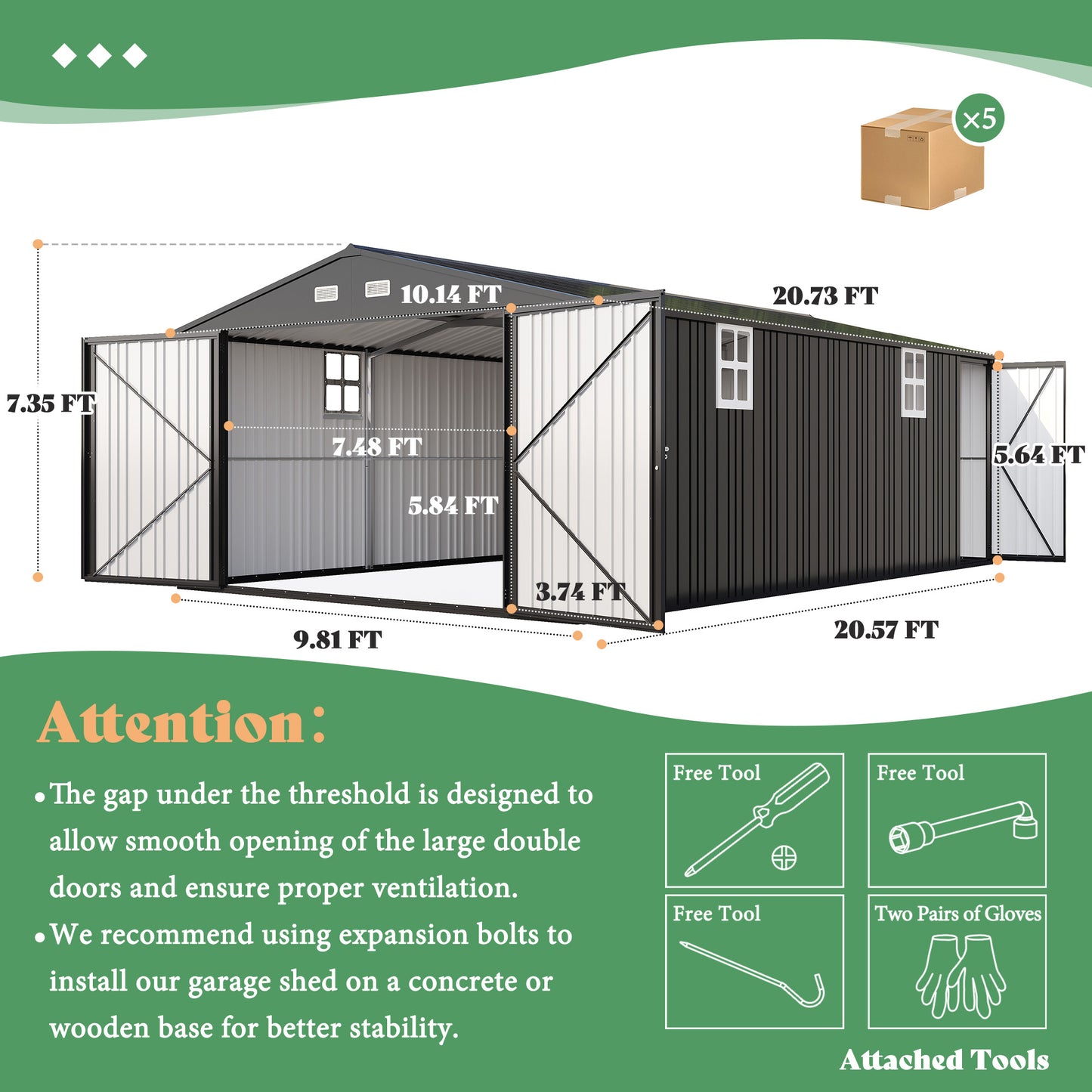 Extra Large Outdoor Metal Garage Shed Amerlife 10x21x7.3 FT 
