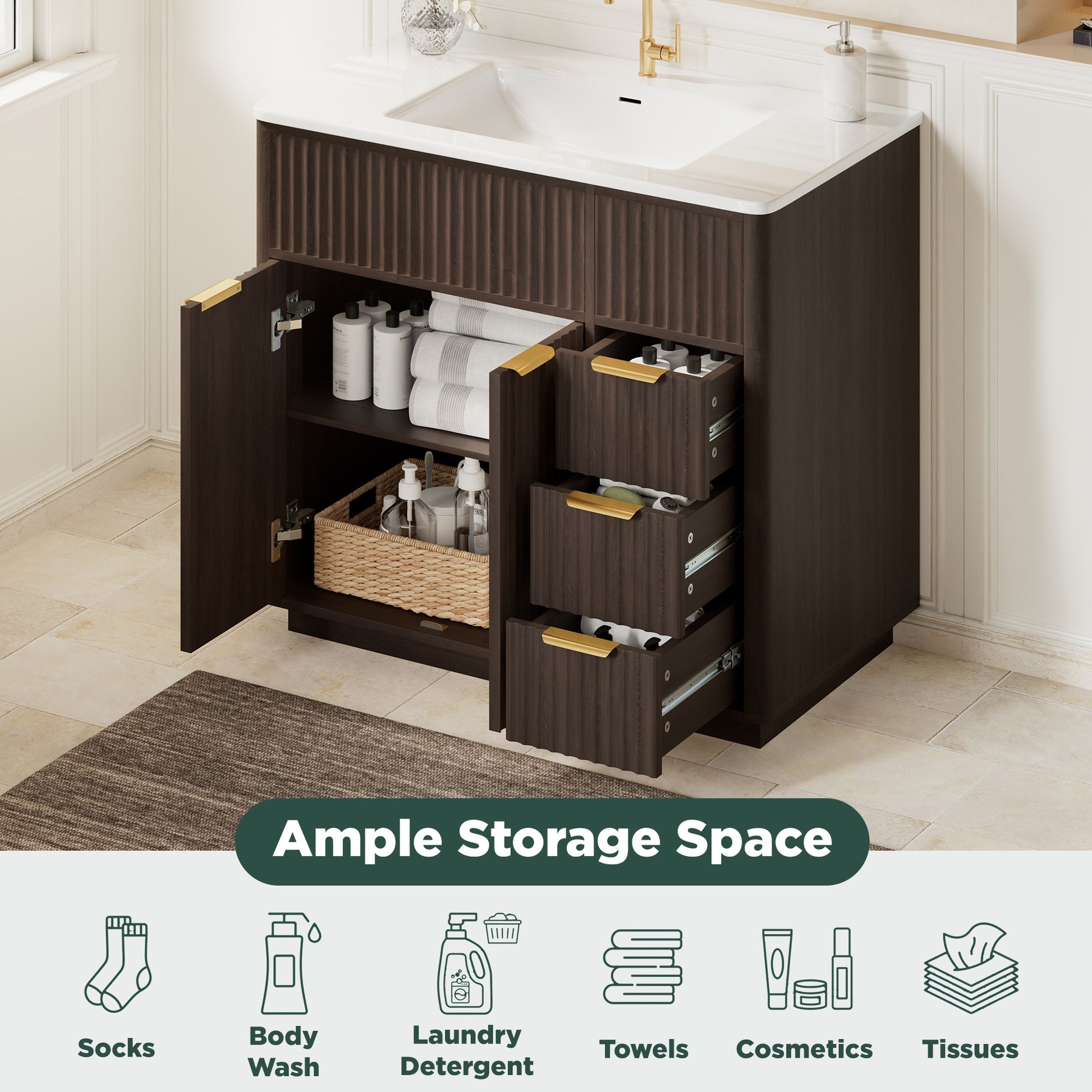 Modern Fluted Bathroom Vanity Collection - 36‘’-brown
