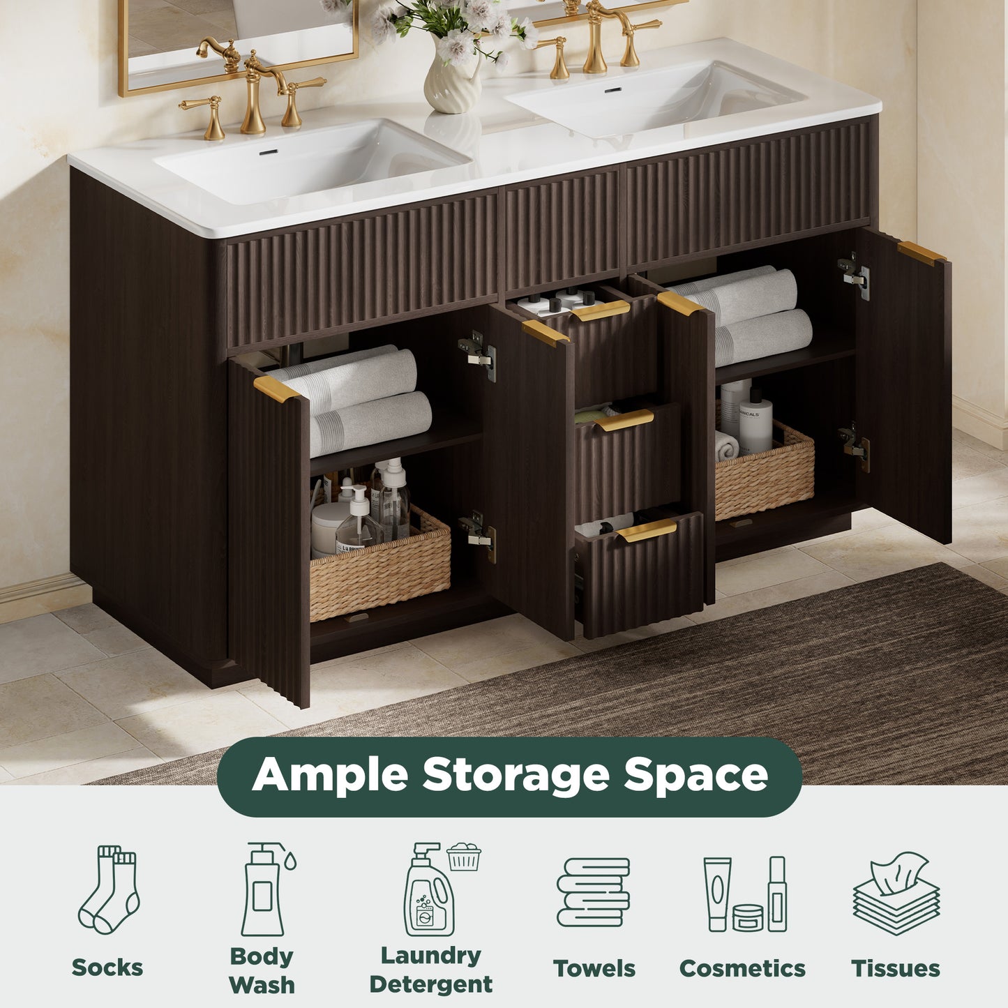 Modern Fluted Bathroom Vanity Collection - 60‘’-brown