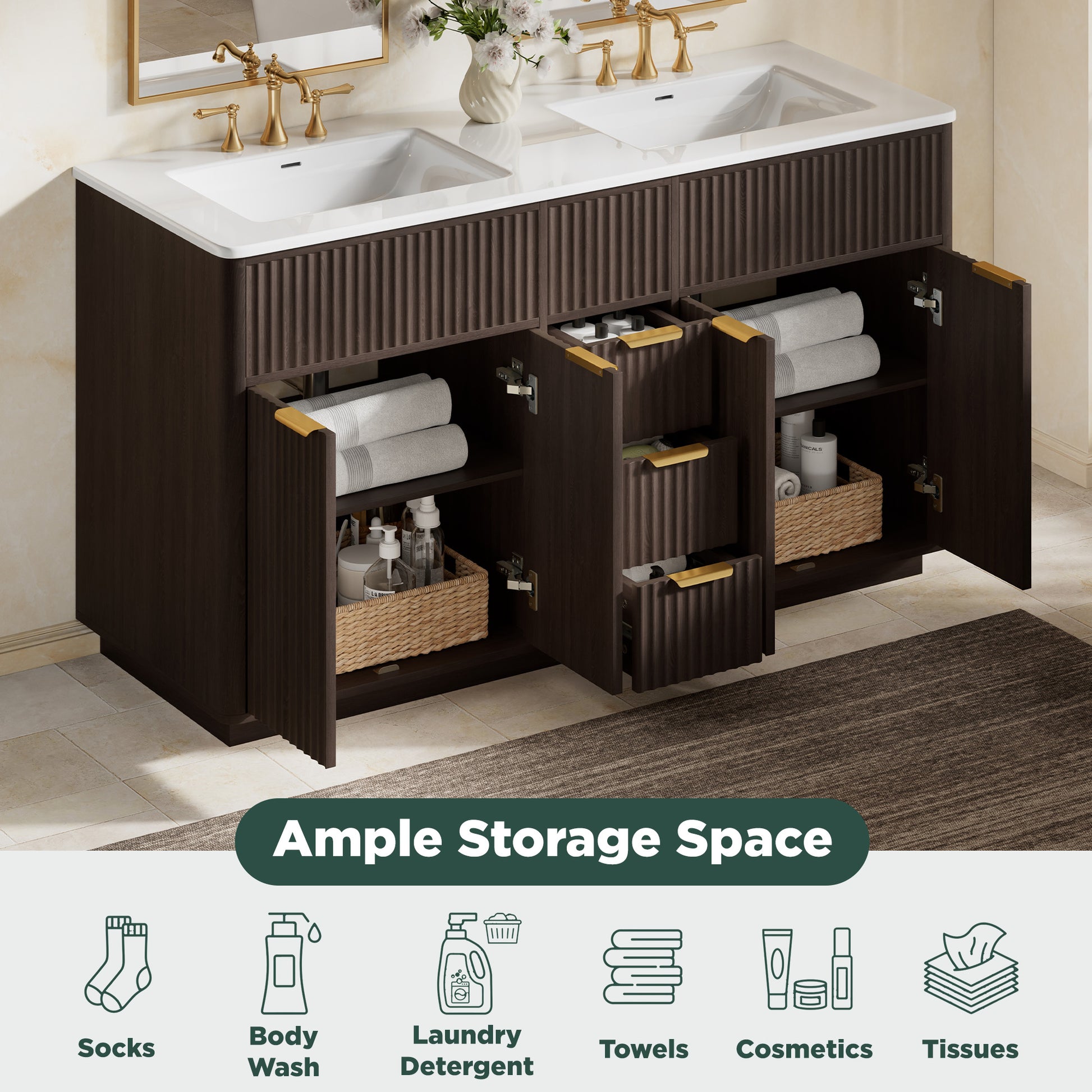 Modern Fluted Bathroom Vanity Collection - 60‘’-brown