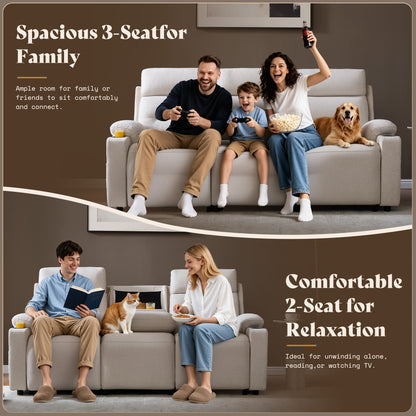 L-Shaped Power Reclining Sectional Sofa with Console-3-Seat with Flip Console-Beige