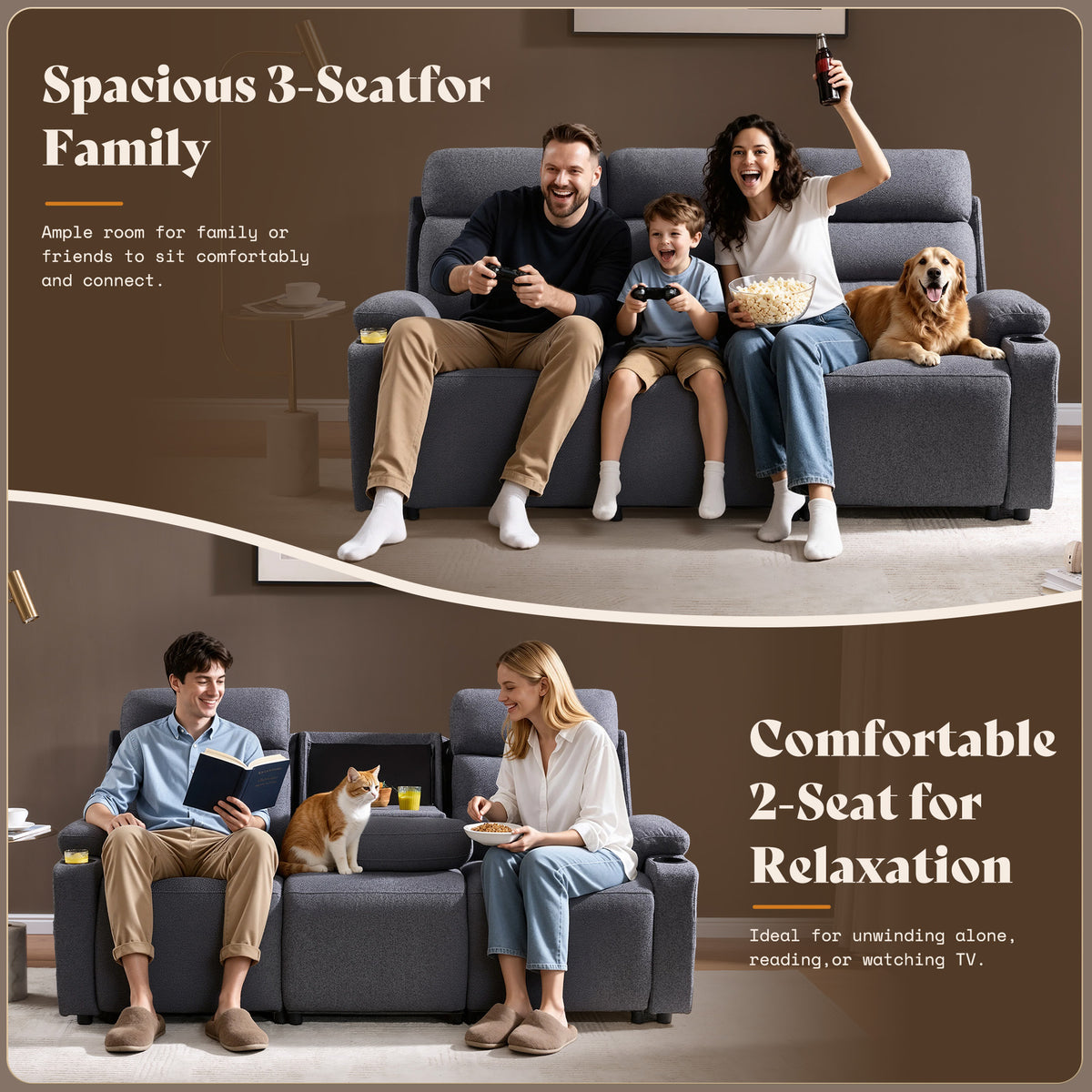 L-Shaped Power Reclining Sectional Sofa with Console-3-Seat with Flip Console-Dark Grey