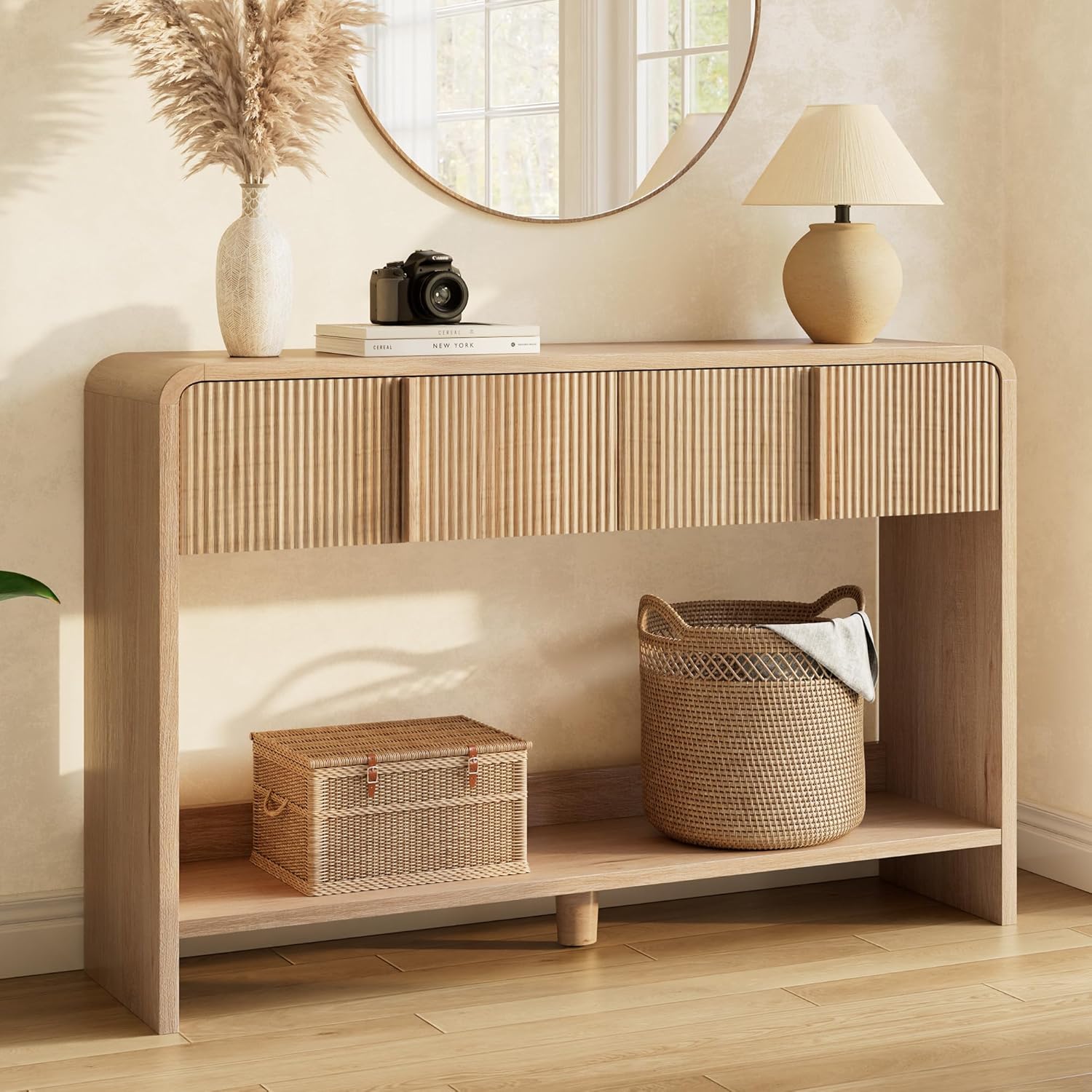 Curvia Wooden Console Table Amerlife Fluted Panel / Natural Oak