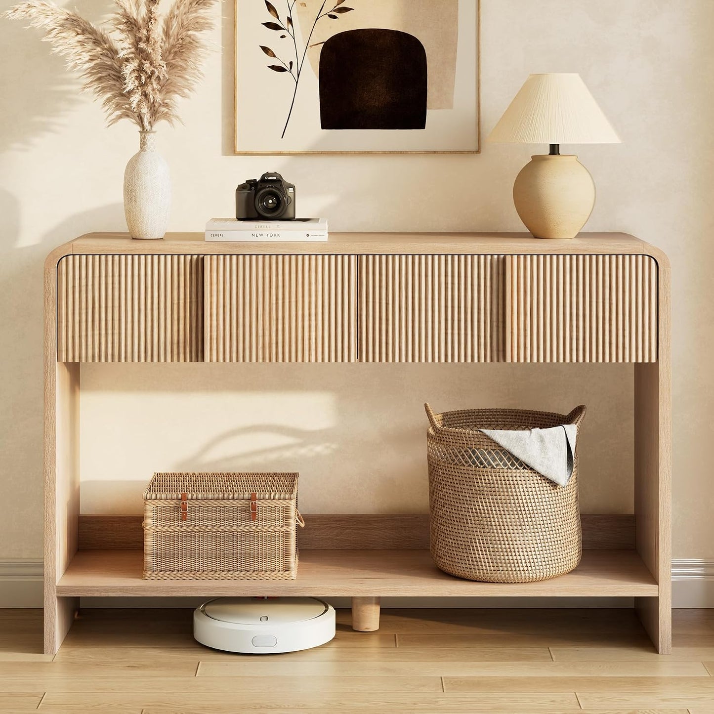 Curvia Wooden Console Table Amerlife Fluted Panel / Natural Oak