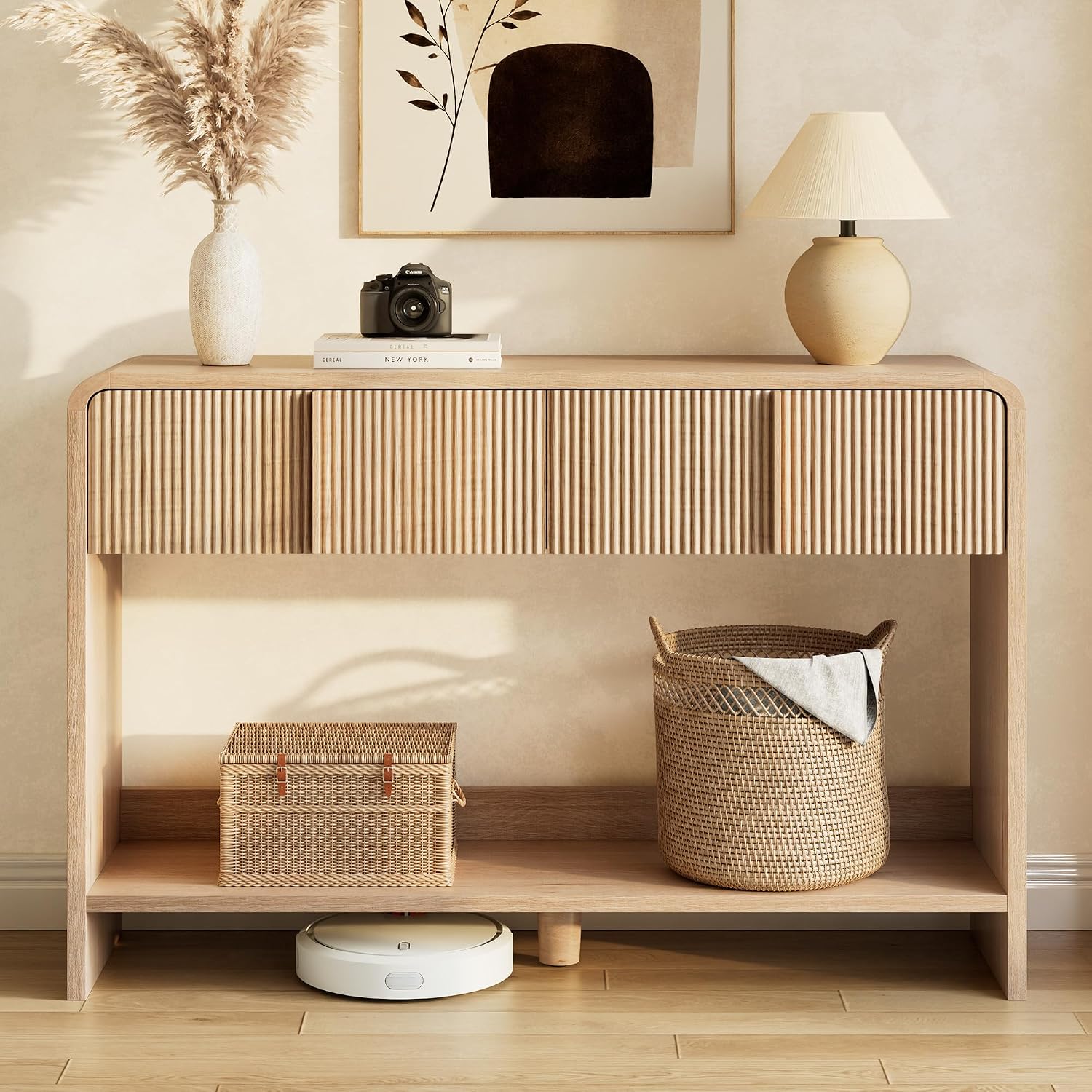Curvia Wooden Console Table Amerlife Fluted Panel / Natural Oak