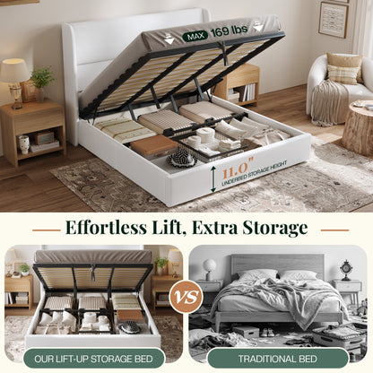 Haven Upholstered Hydraulic Storage Bed Frame-Queen-White