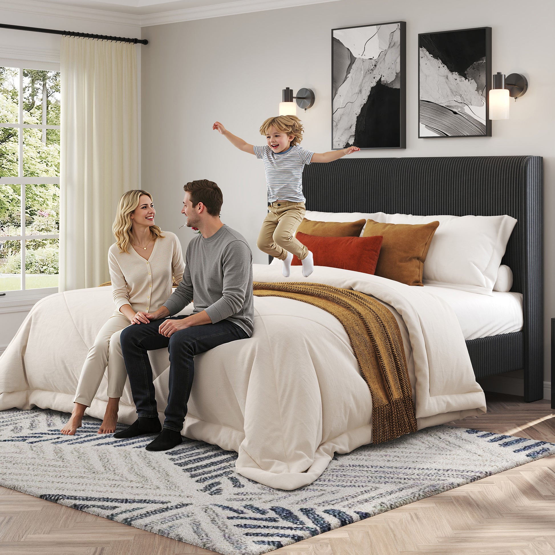 Corduroy Upholstered King Bed Frame-Black