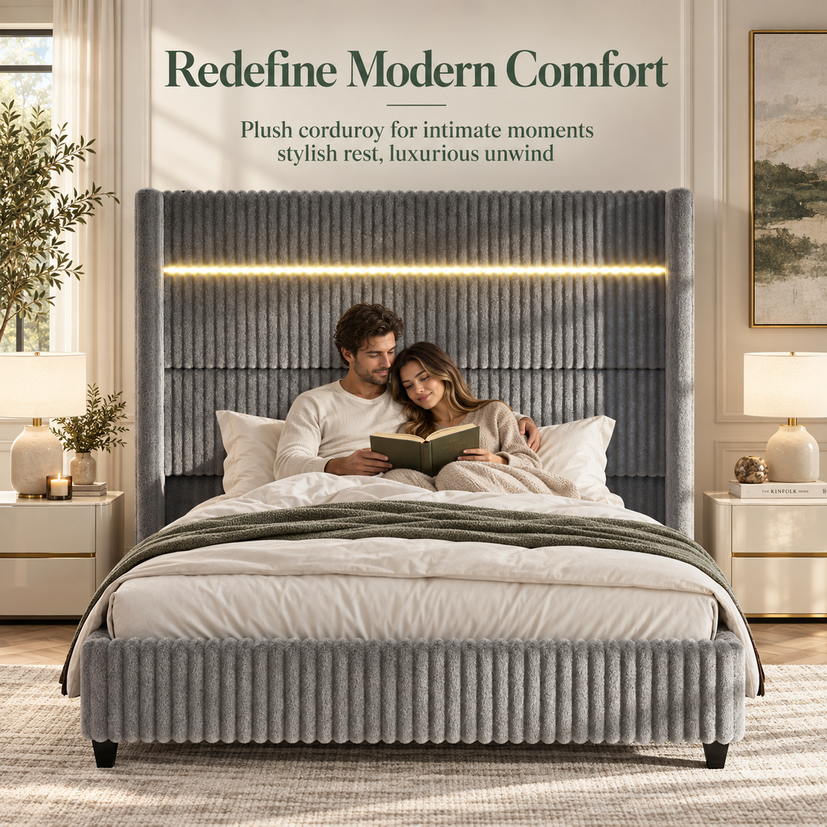 Warren Upholstered Bed Frame with LED Lights-King-Grey