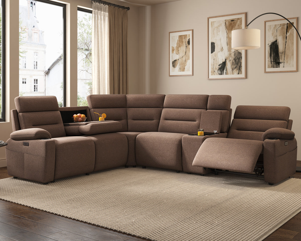 L-Shaped Power Reclining Sectional Sofa with Console-5-Seat L-Shaped-Brown
