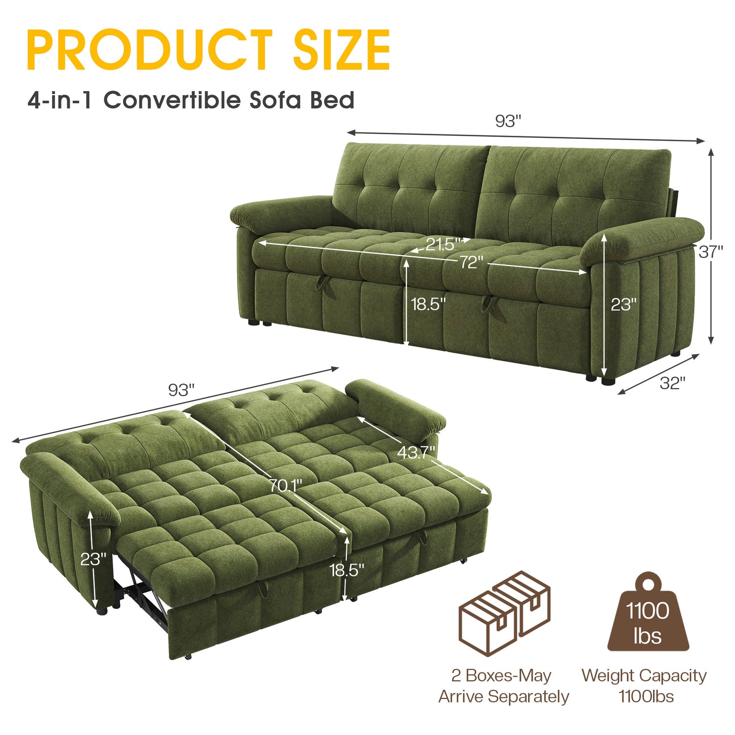 Recline 93" Convertible Sleeper Sofa -Green