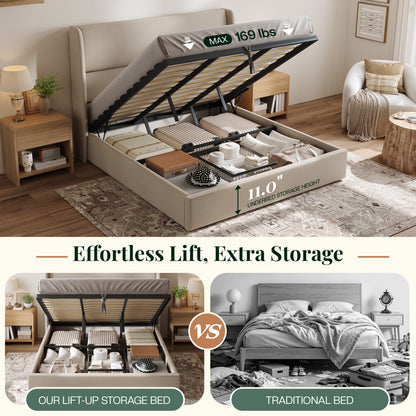 Haven Upholstered Hydraulic Storage Bed Frame-Queen-Khaki