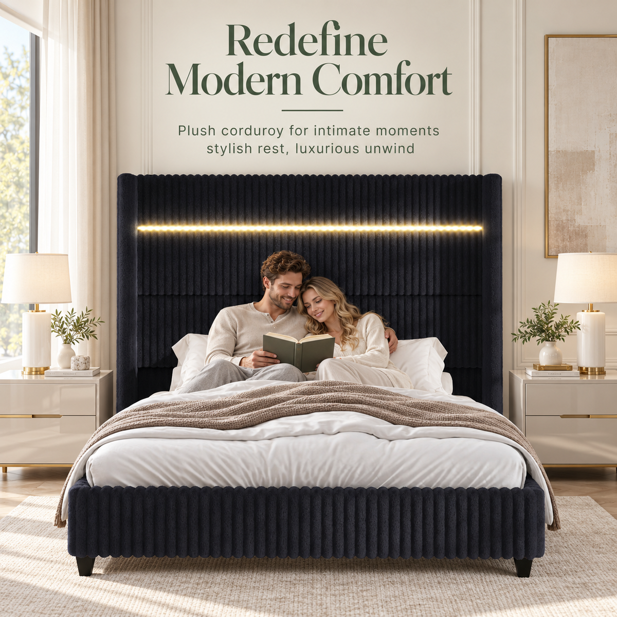 Warren Upholstered Bed Frame with LED Lights-King-Black