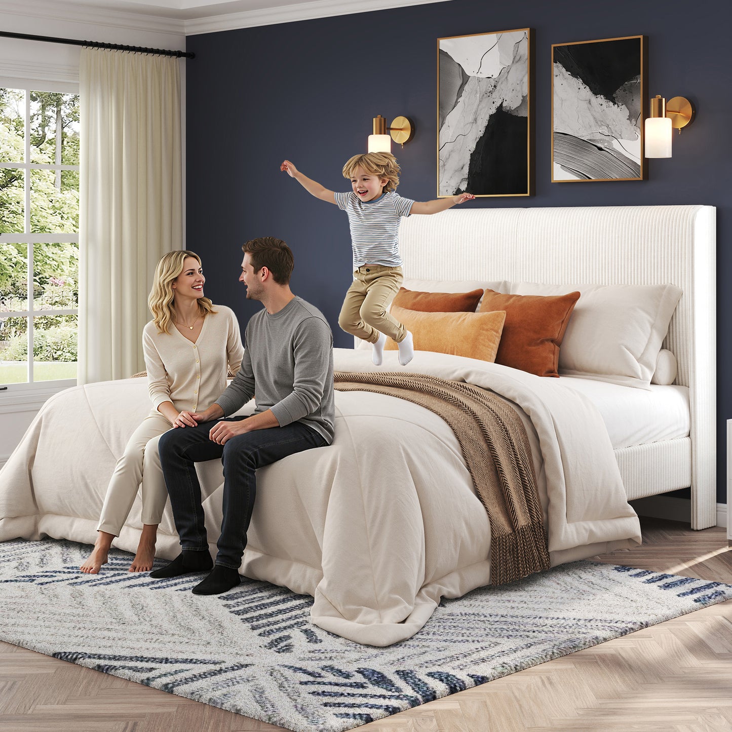 Corduroy Upholstered King Bed Frame-White