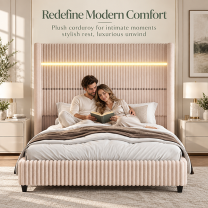 Warren Upholstered Bed Frame with LED Lights-King-Beige