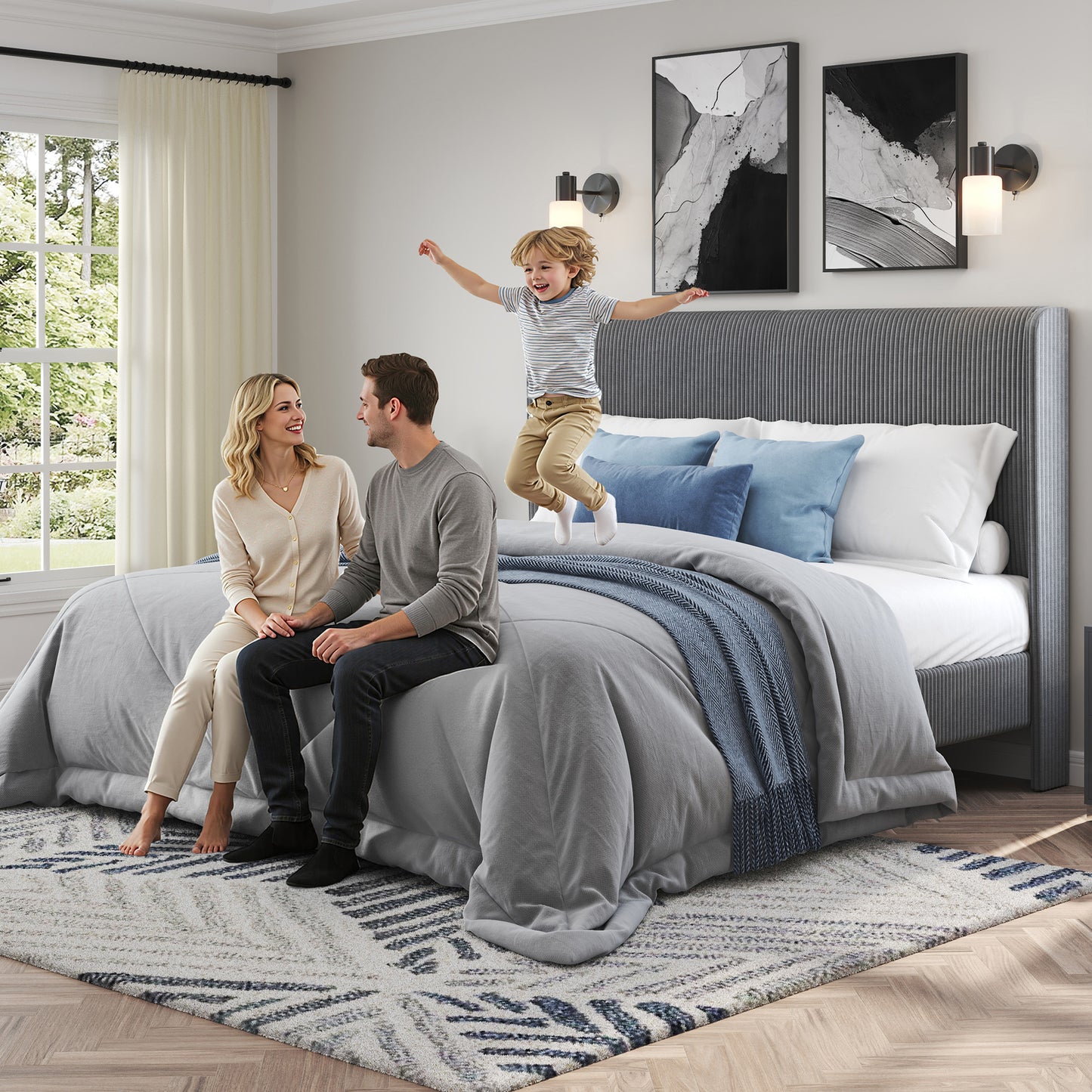 Corduroy Upholstered King Bed Frame-Grey